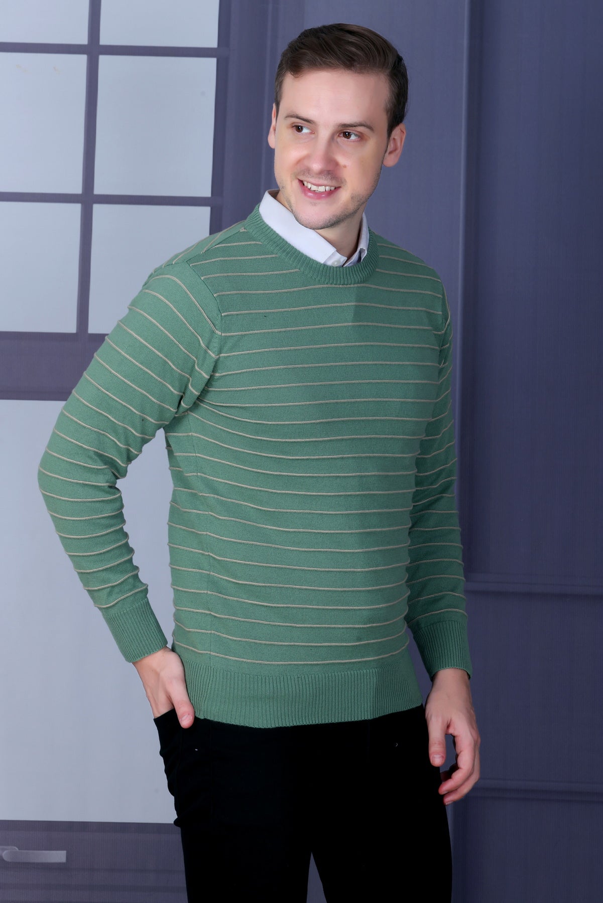 Men Striped Round Neck Multicolor Sweater