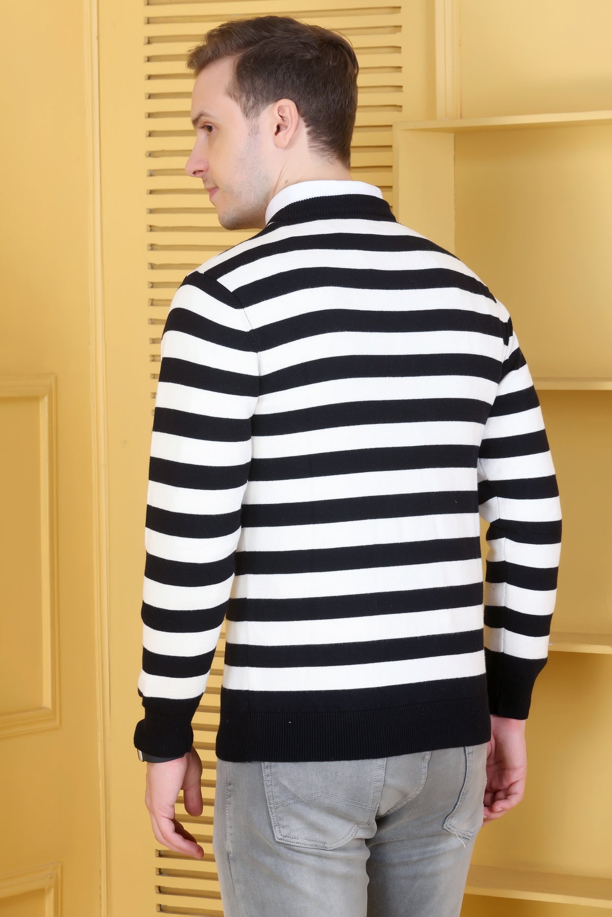 Men Striped Round Neck Black Sweater