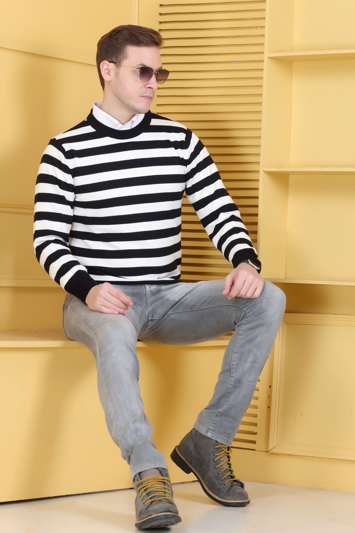 Men Striped Round Neck Black Sweater