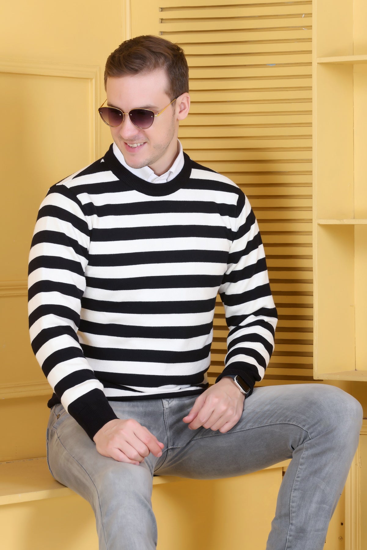 Men Striped Round Neck Black Sweater
