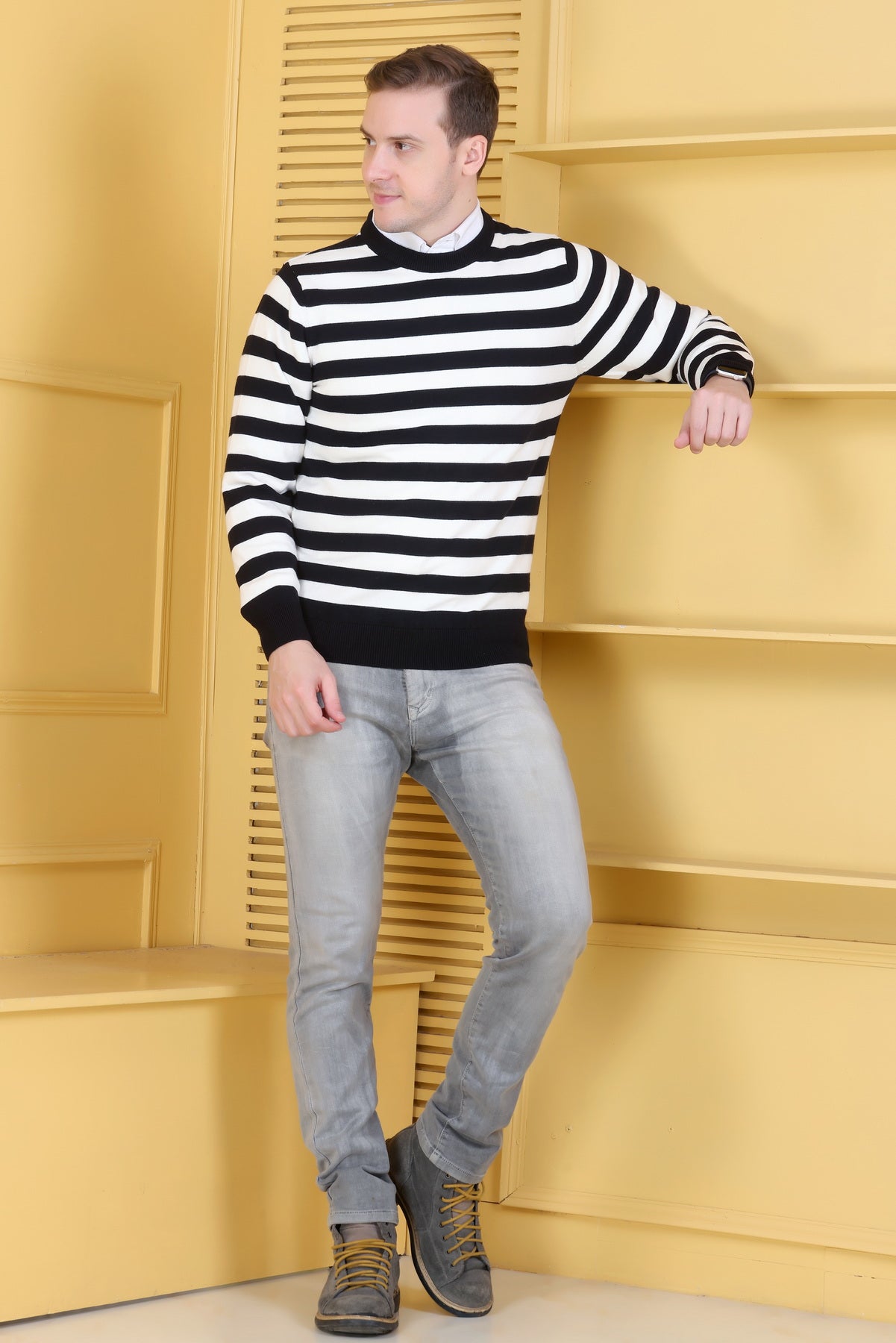 Men Striped Round Neck Black Sweater