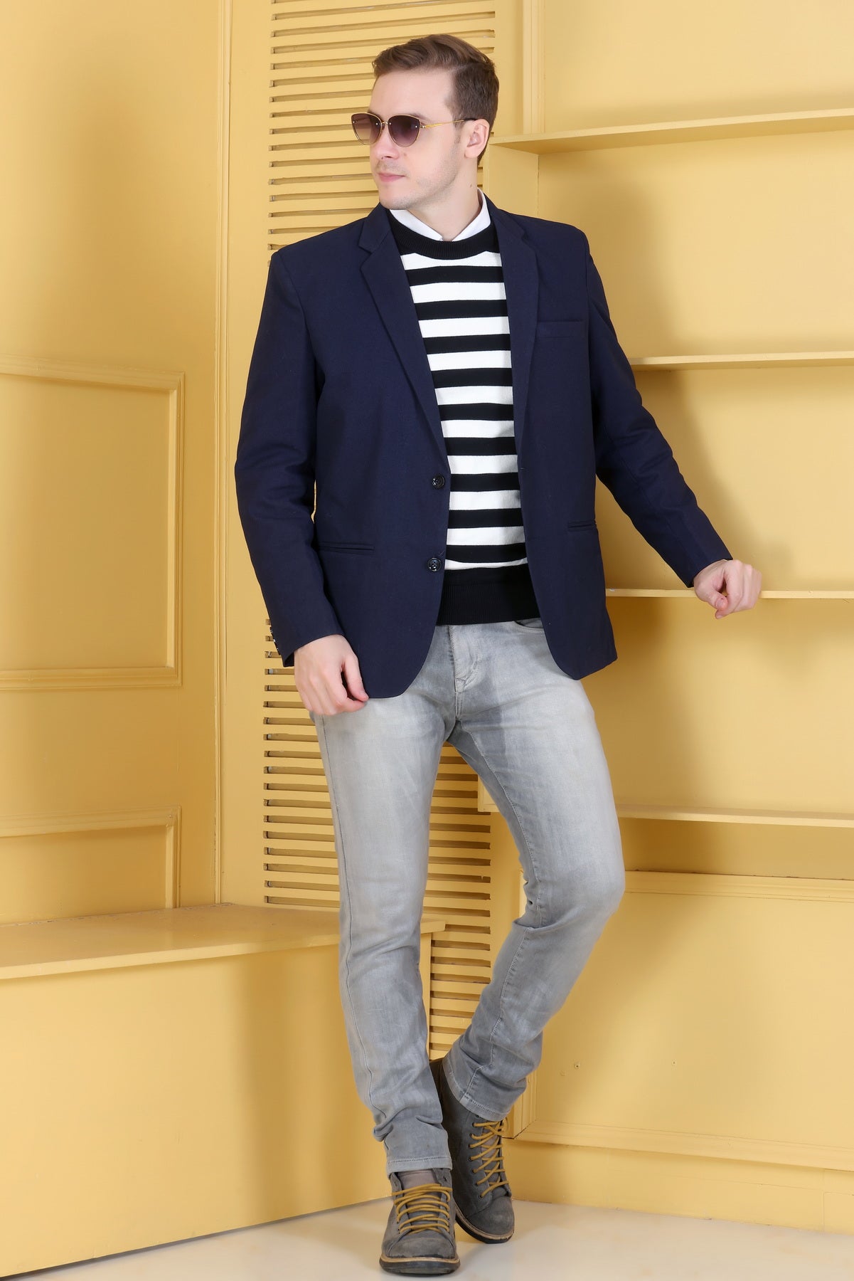 Men Striped Round Neck Black Sweater