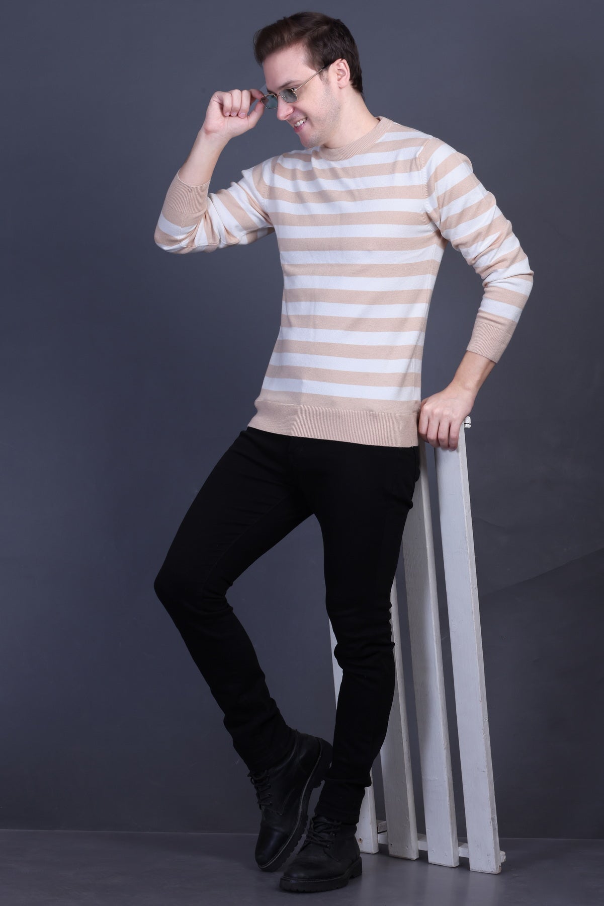 Men Striped Round Neck Black Sweater