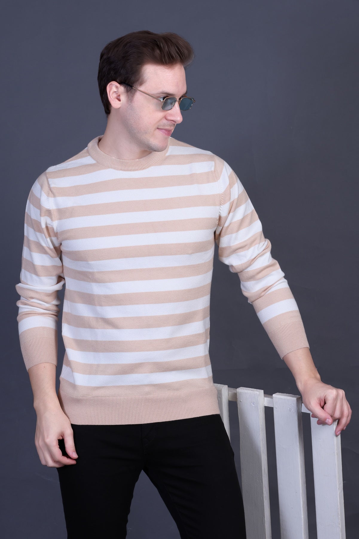 Men Striped Round Neck Black Sweater