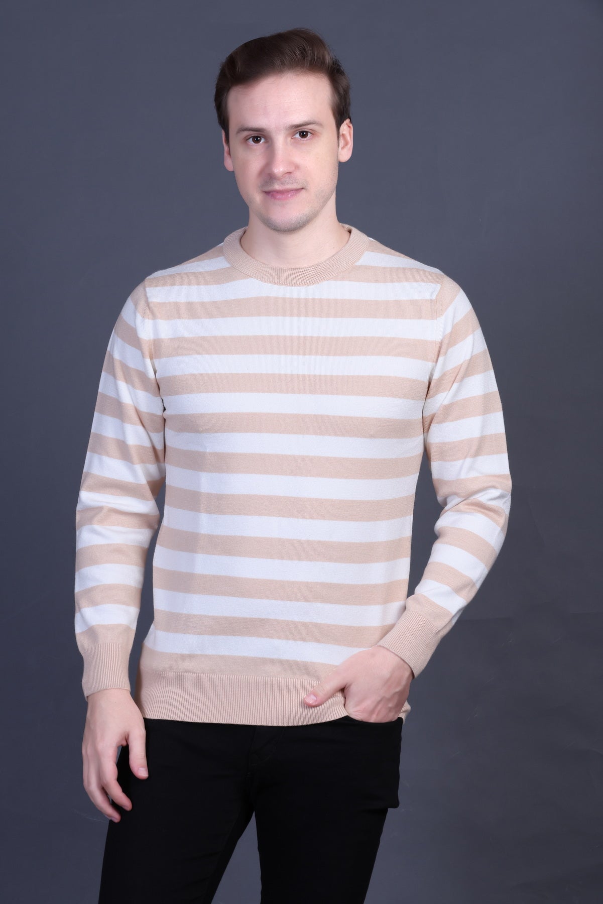 Men Striped Round Neck Black Sweater