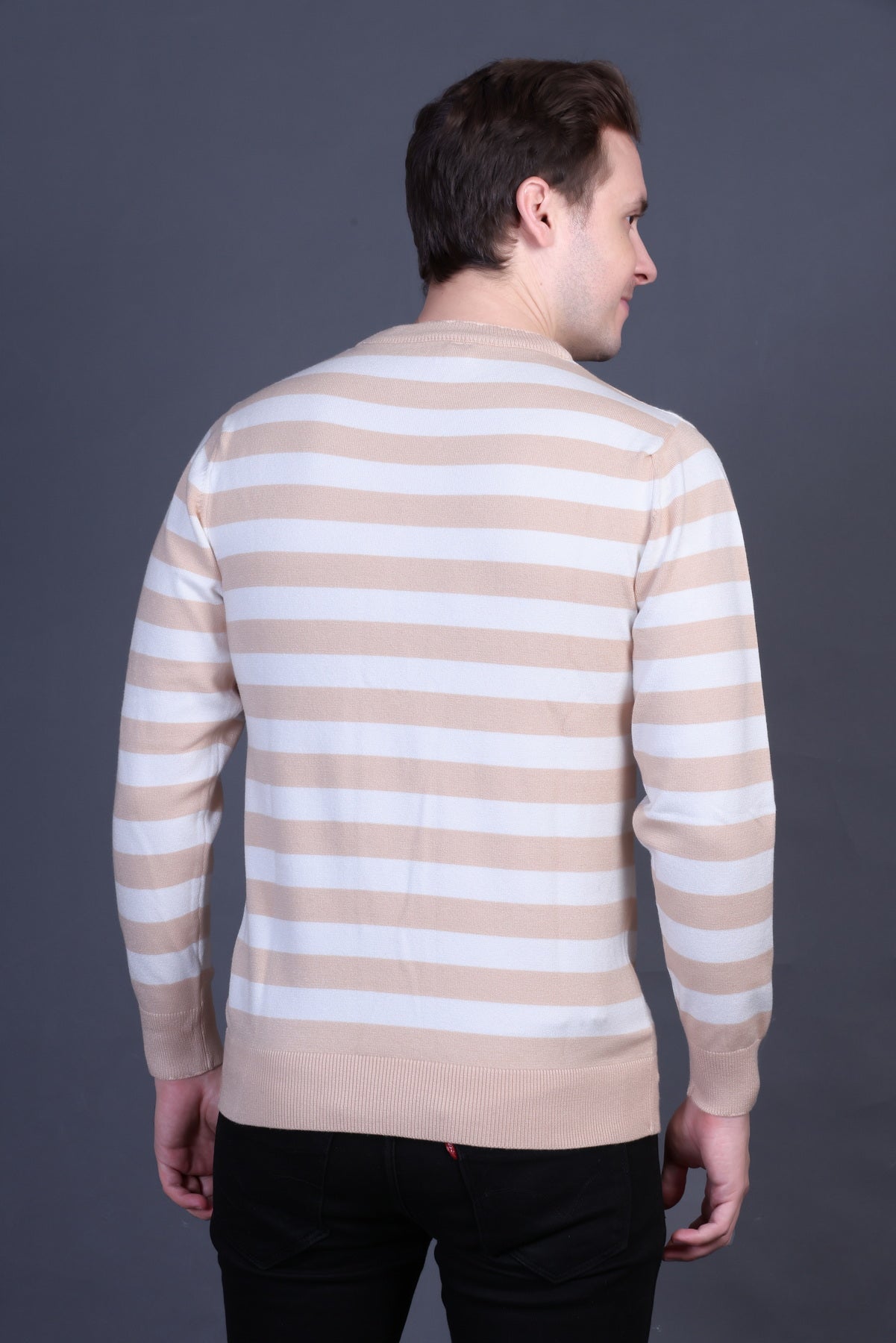 Men Striped Round Neck Black Sweater