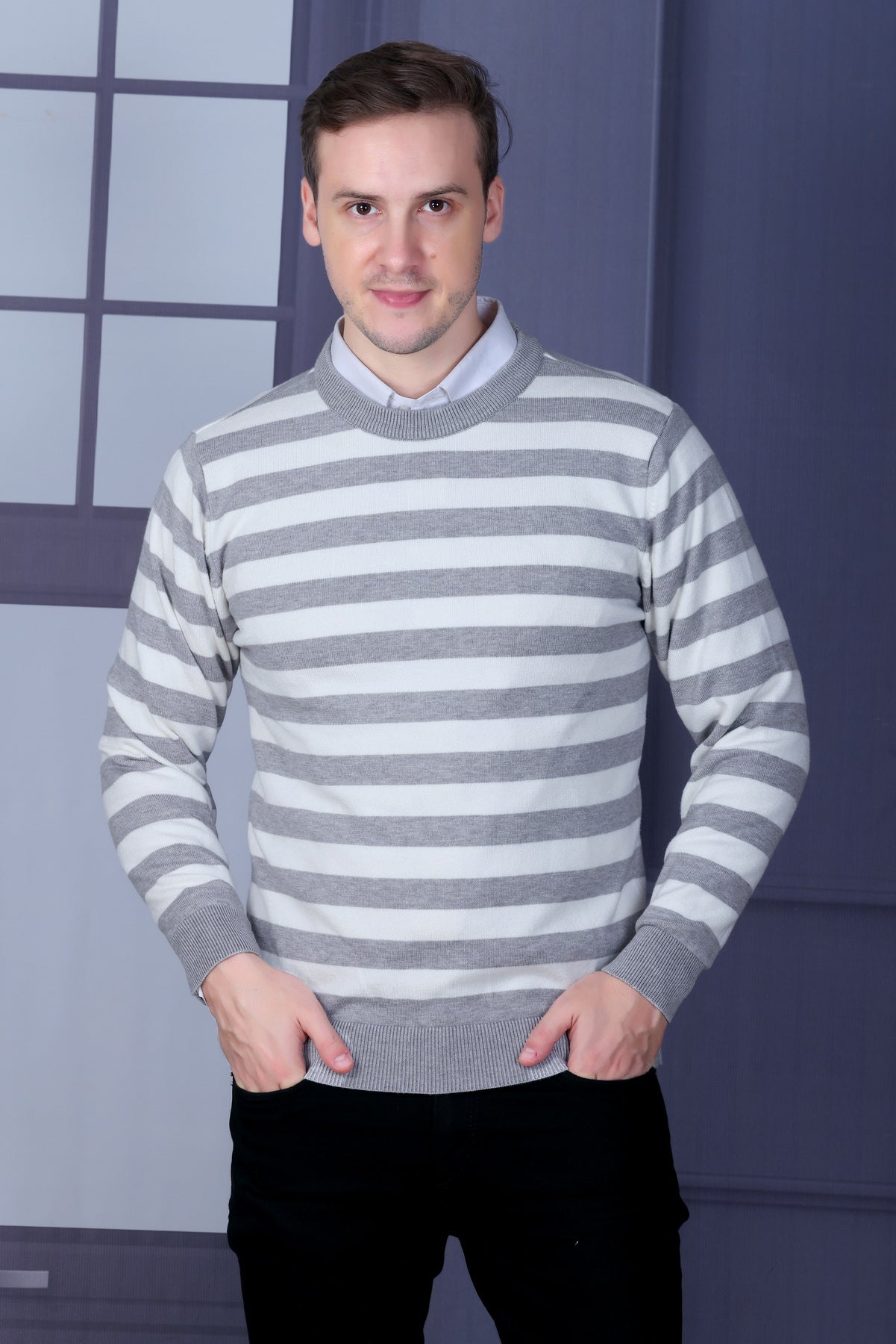 Men Striped Round Neck Black Sweater