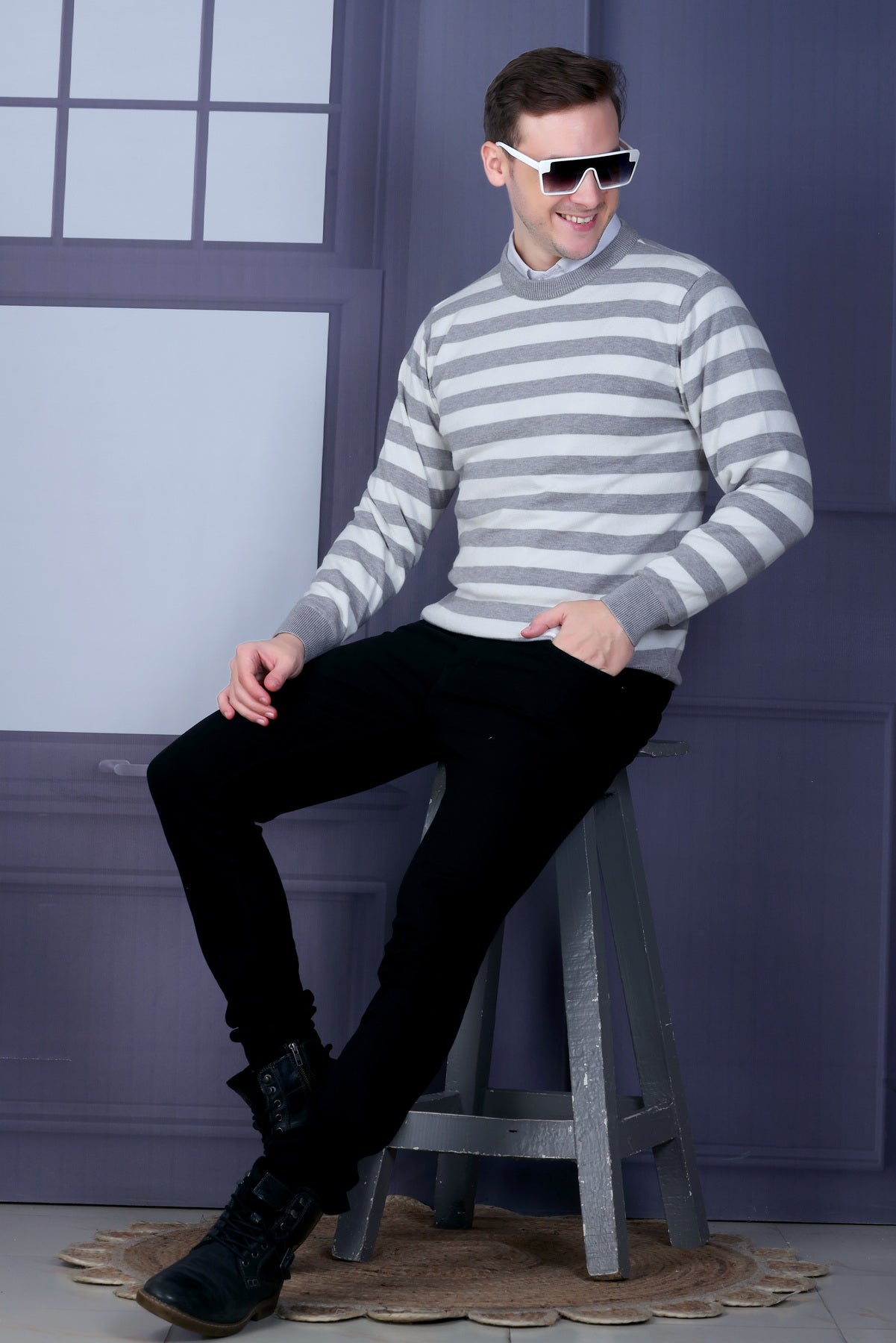 Men Striped Round Neck Grey Sweater