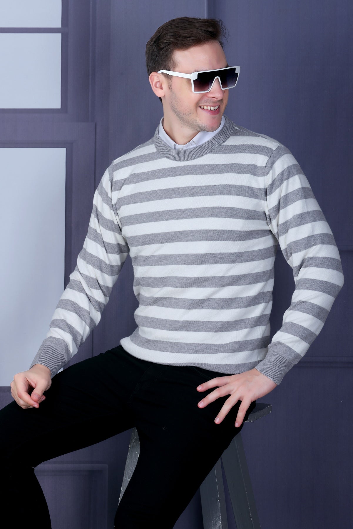 Men Striped Round Neck Grey Sweater