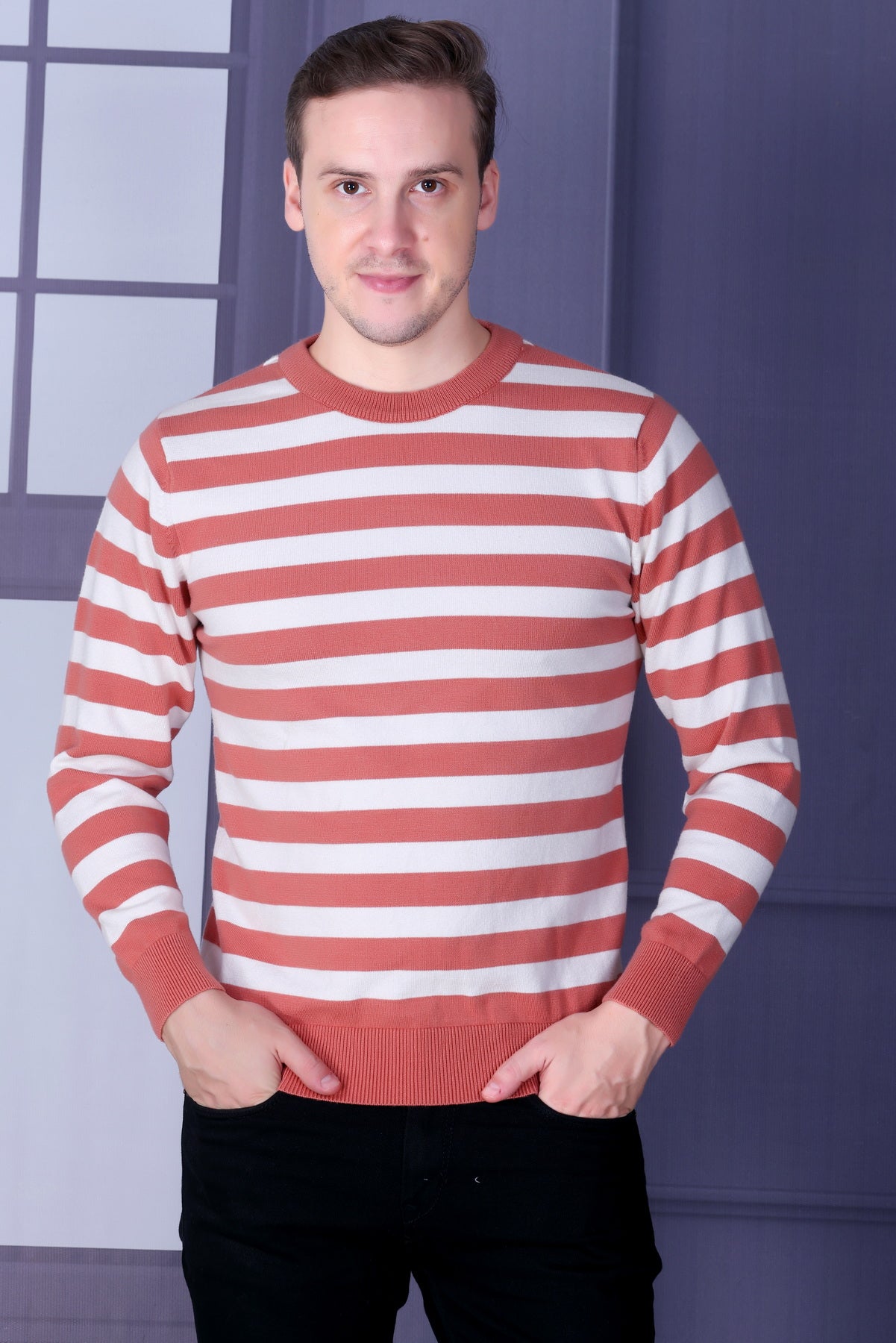 Men Striped Round Neck Peach Sweater