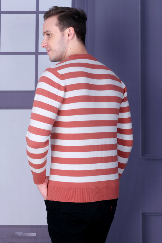 Men Striped Round Neck Peach Sweater