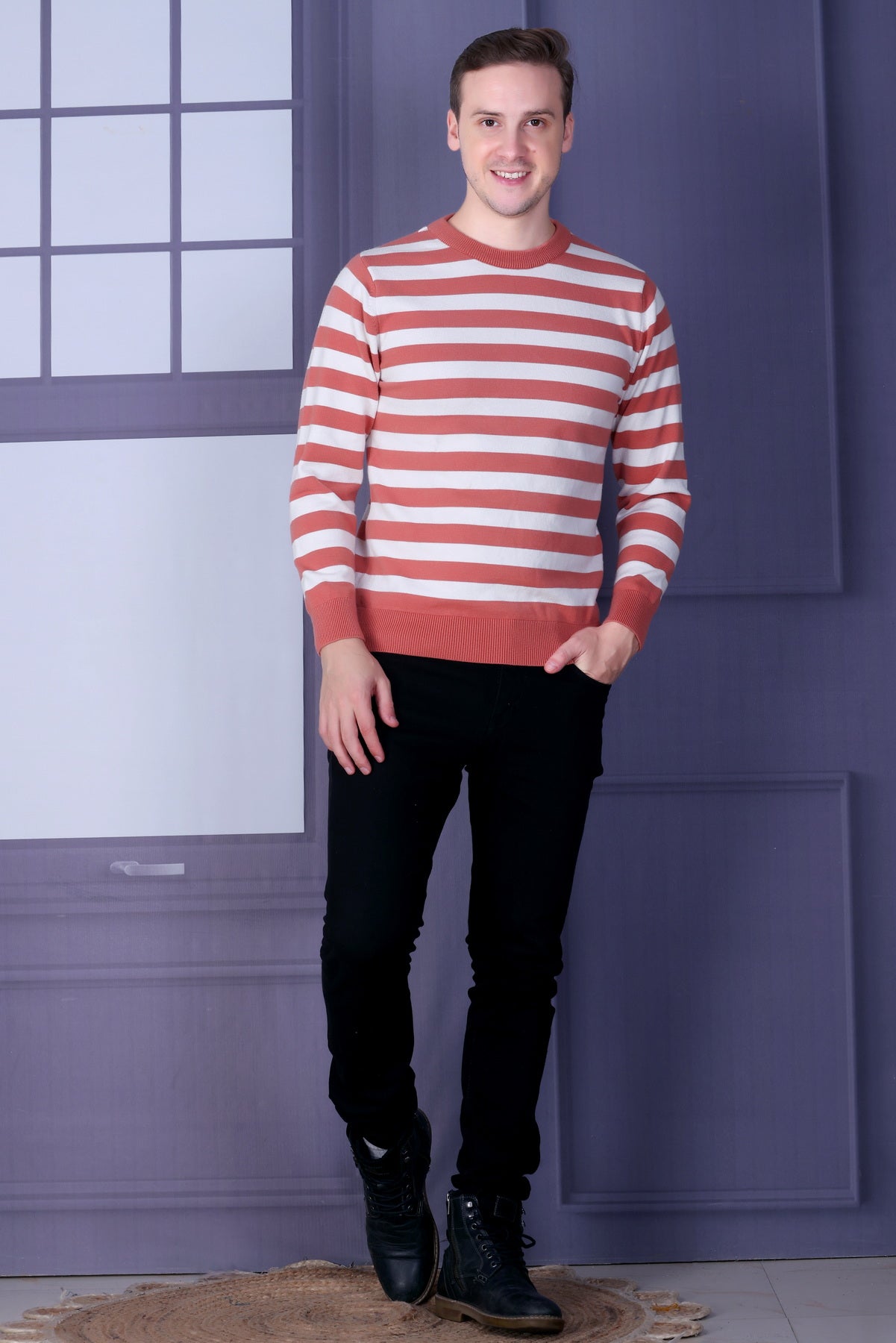 Men Striped Round Neck Black Sweater