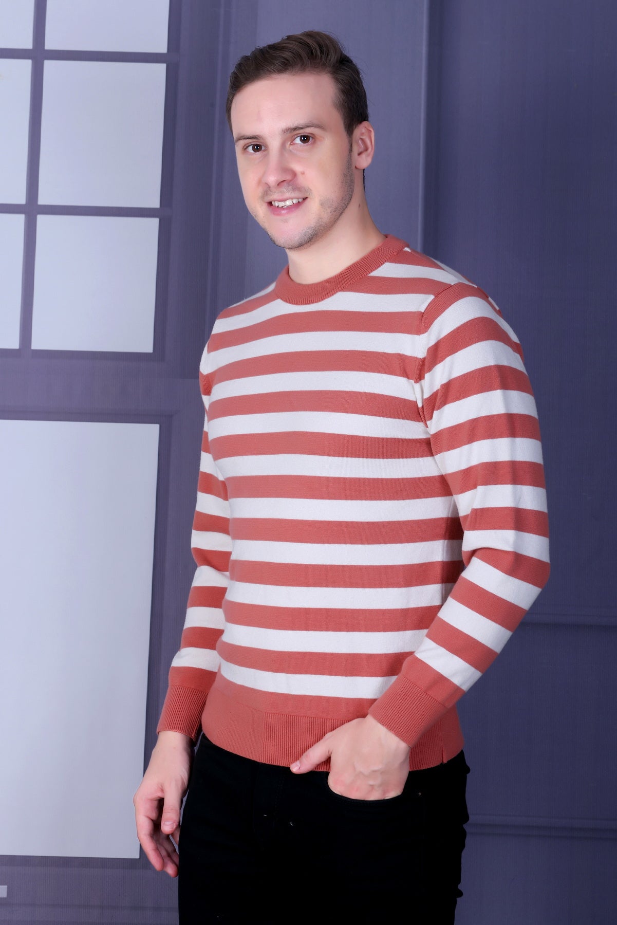 Men Striped Round Neck Peach Sweater