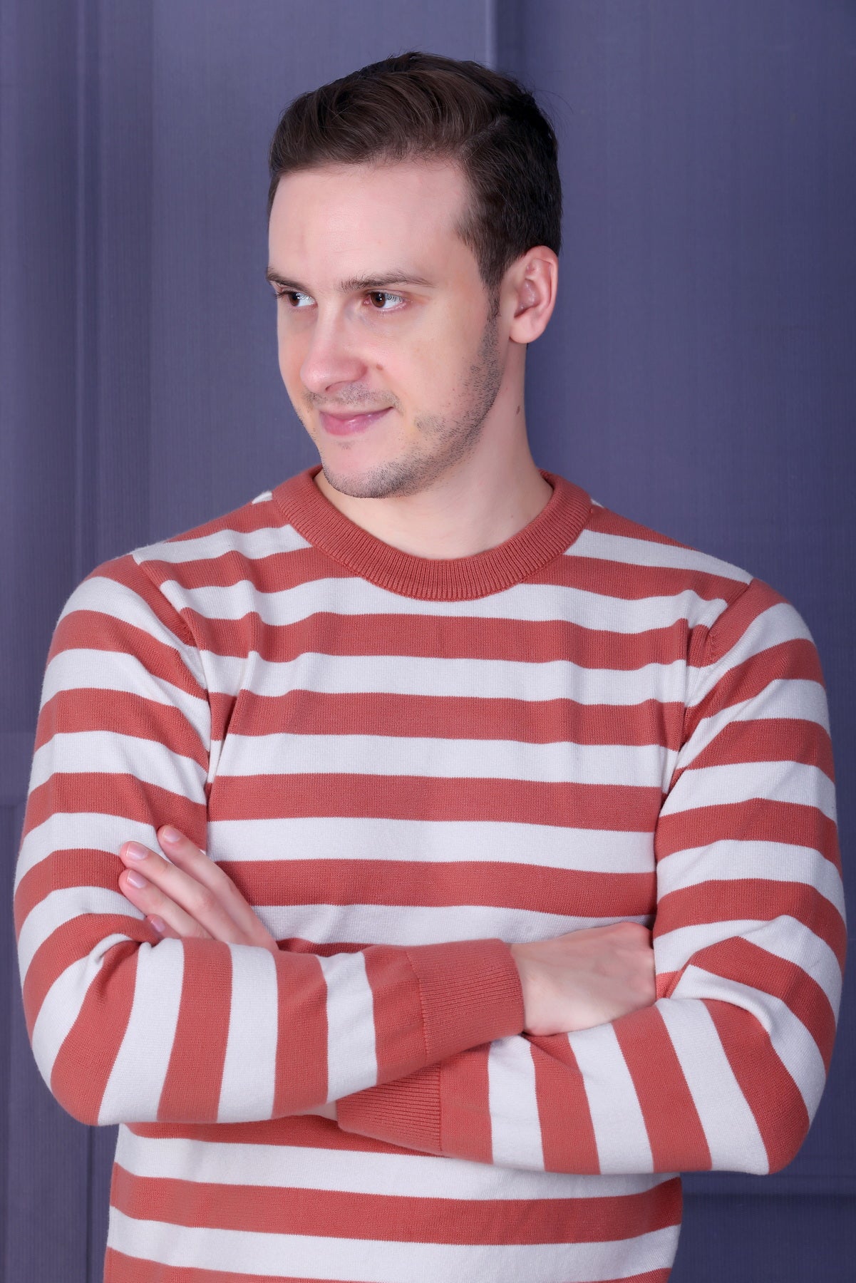 Men Striped Round Neck Black Sweater