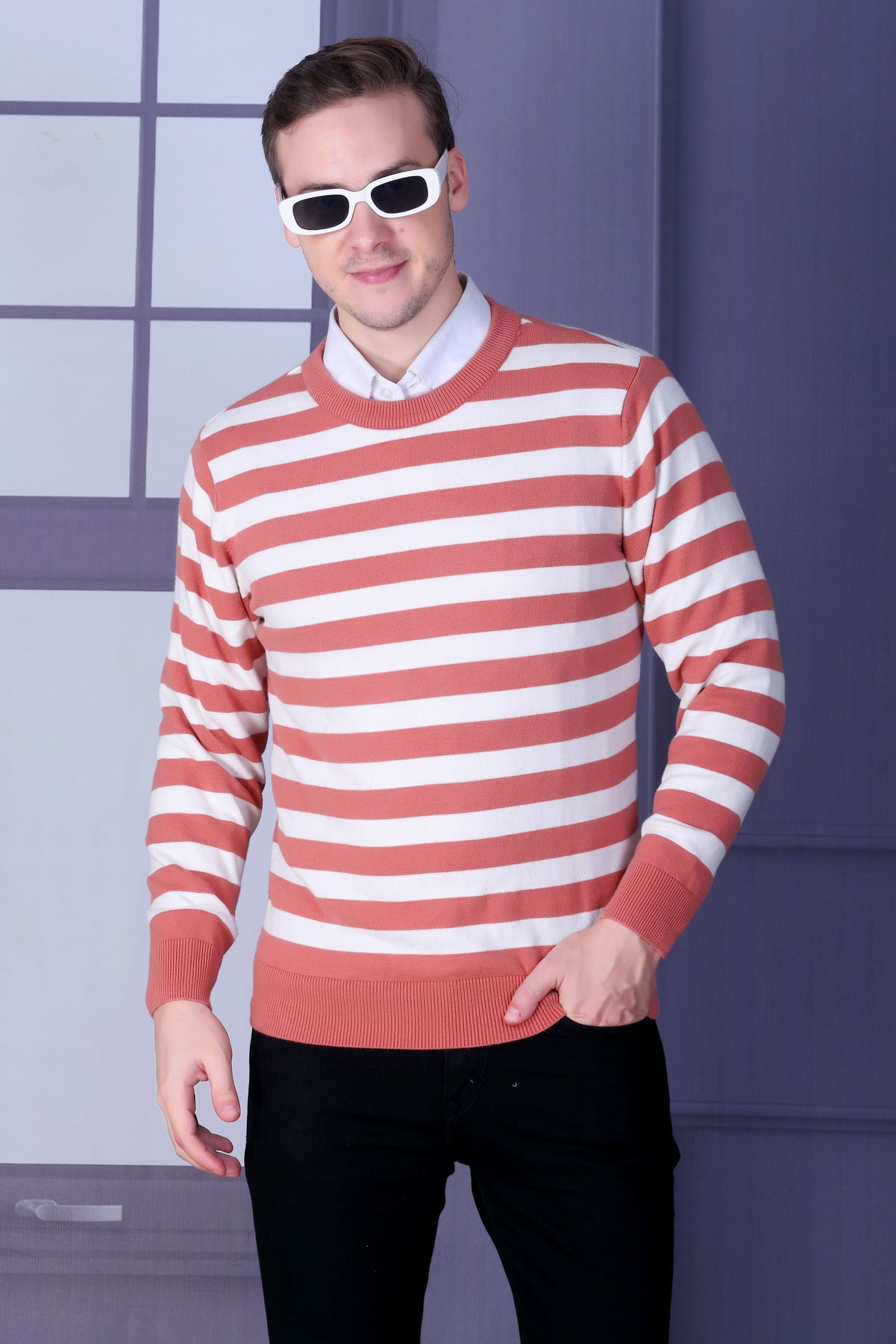 Men Striped Round Neck Black Sweater