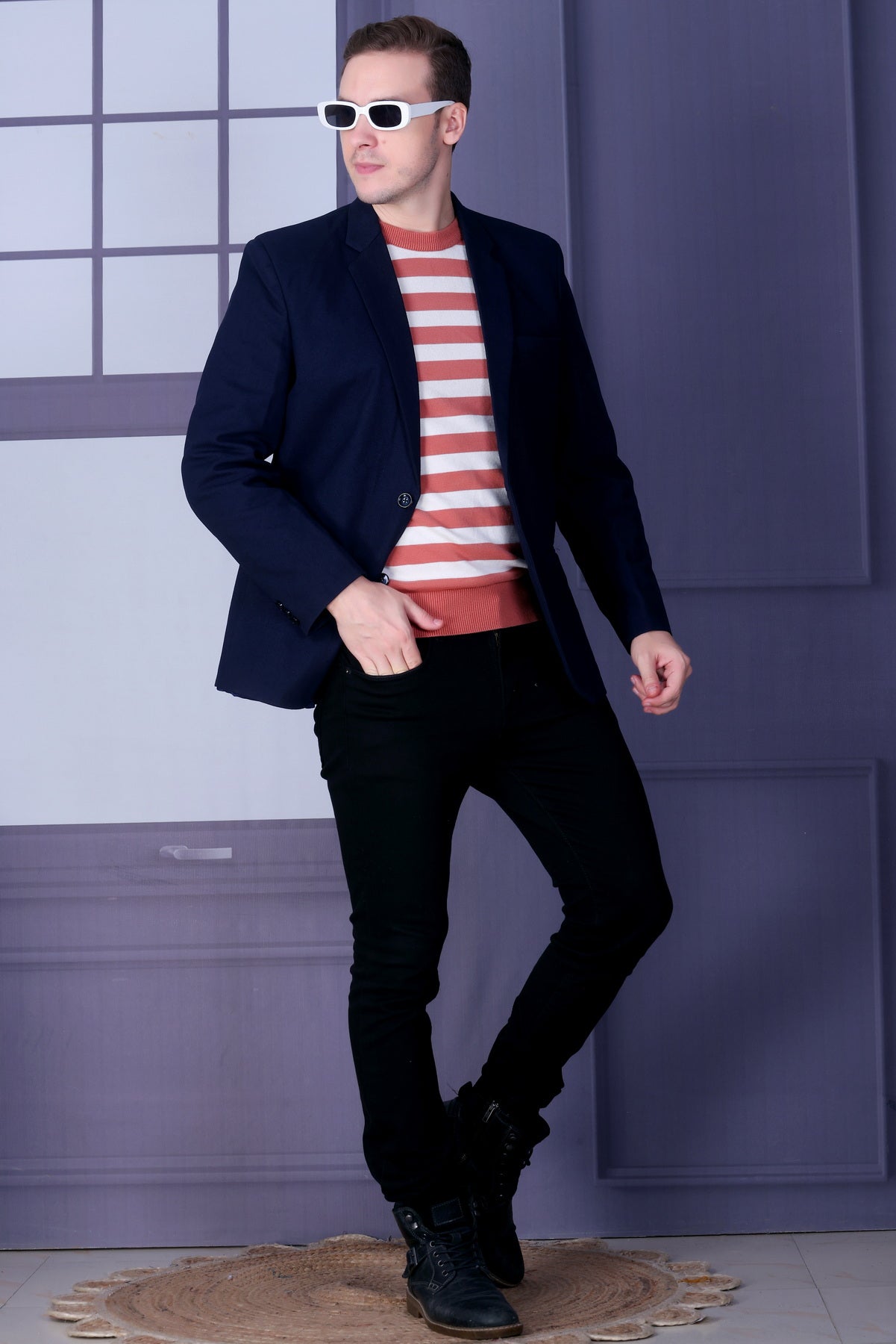 Men Striped Round Neck Peach Sweater