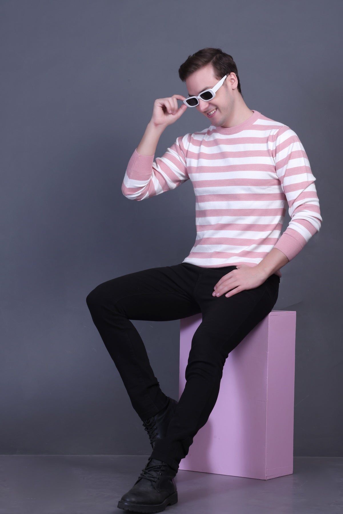 Men Striped Round Neck Black Sweater