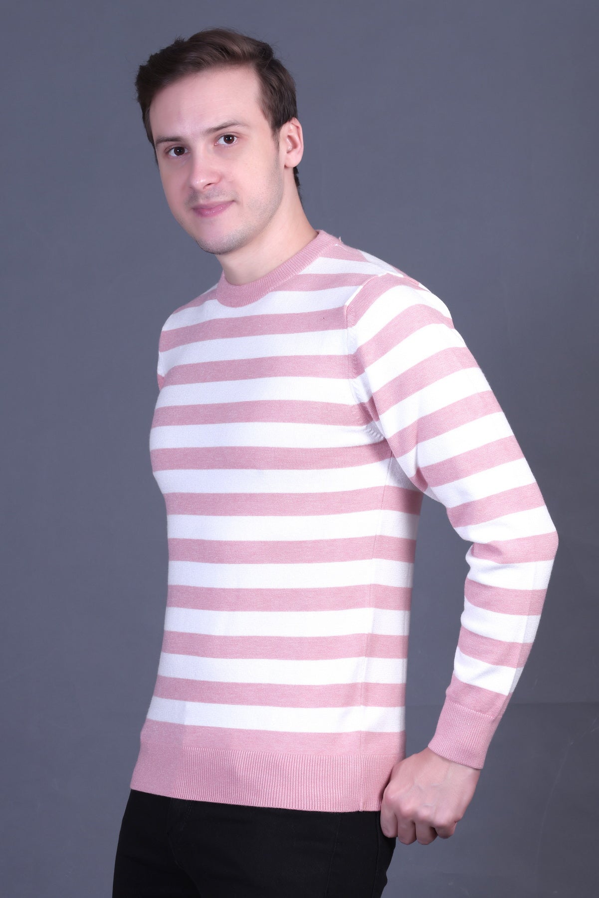 Men Striped Round Neck Black Sweater