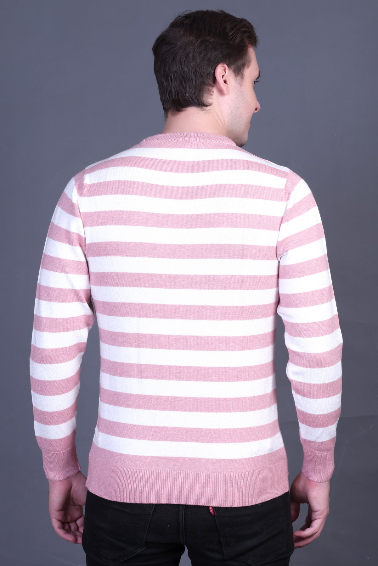 Men Striped Round Neck Black Sweater