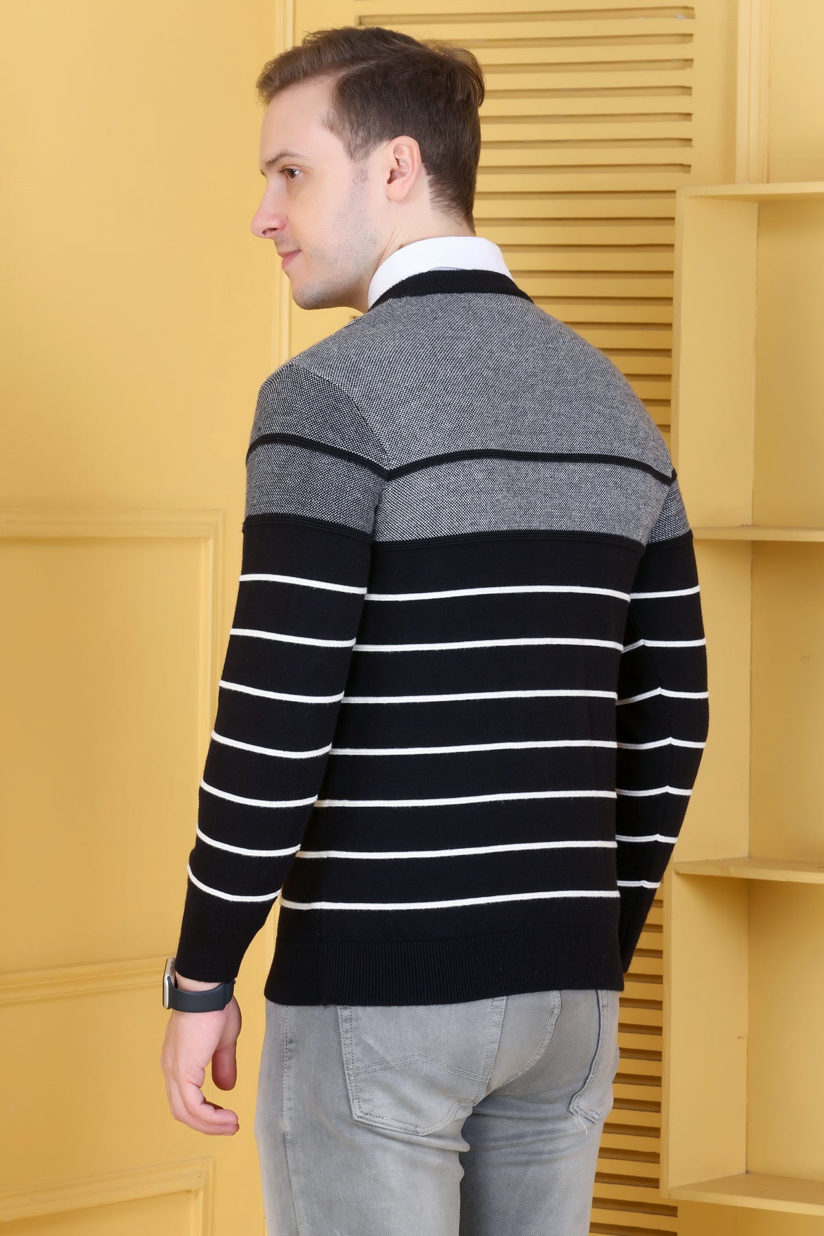 Men Striped Round Neck Pink Sweater