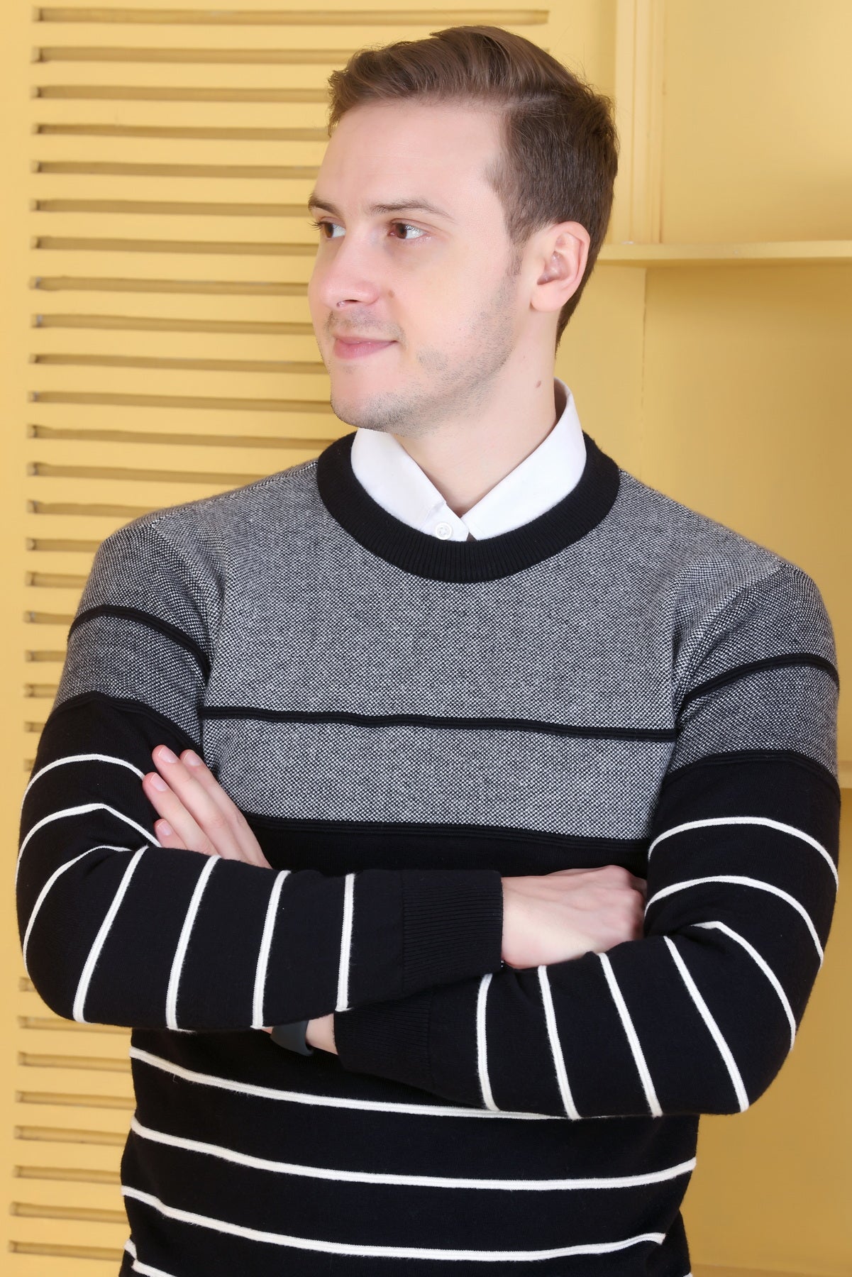 Men Striped Round Neck Pink Sweater