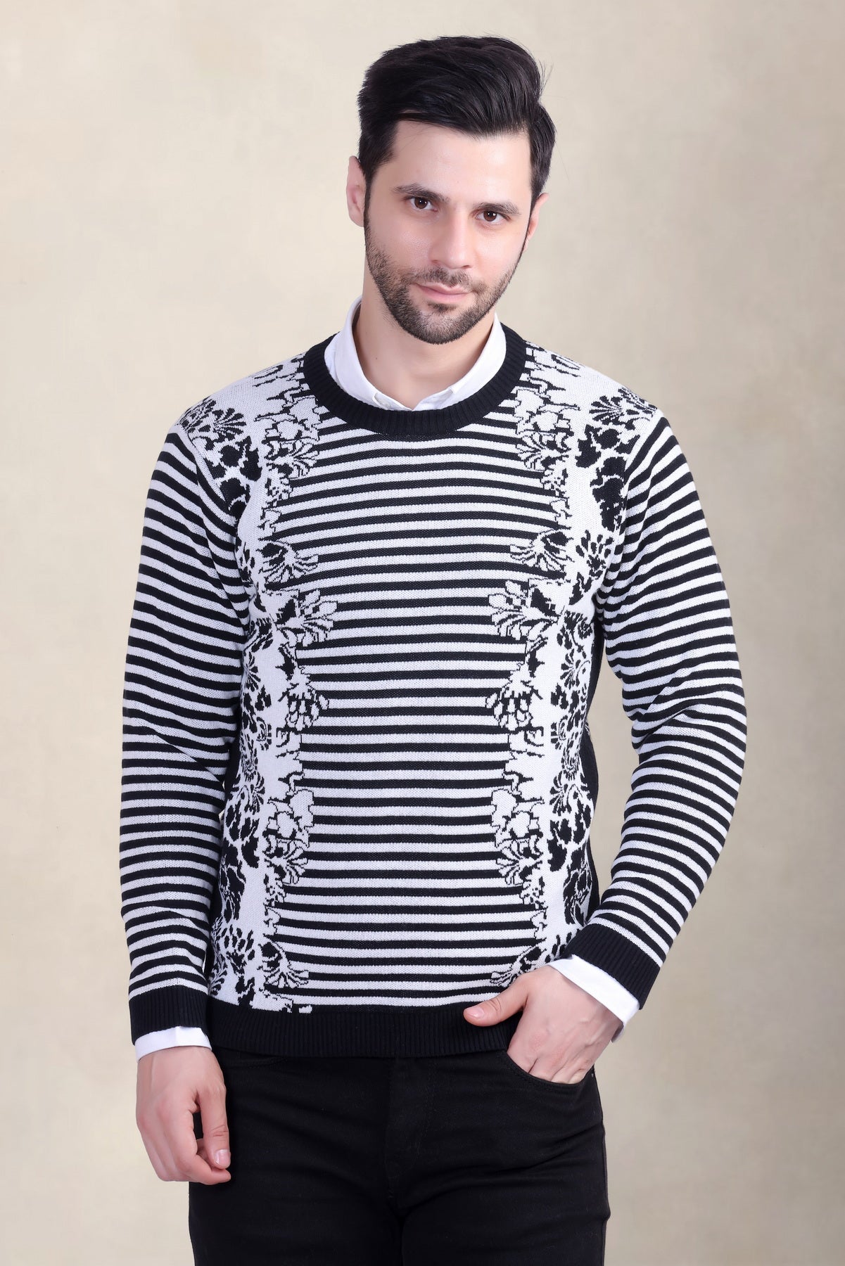 Men’s Black & White Floral Striped Woolen Sweater