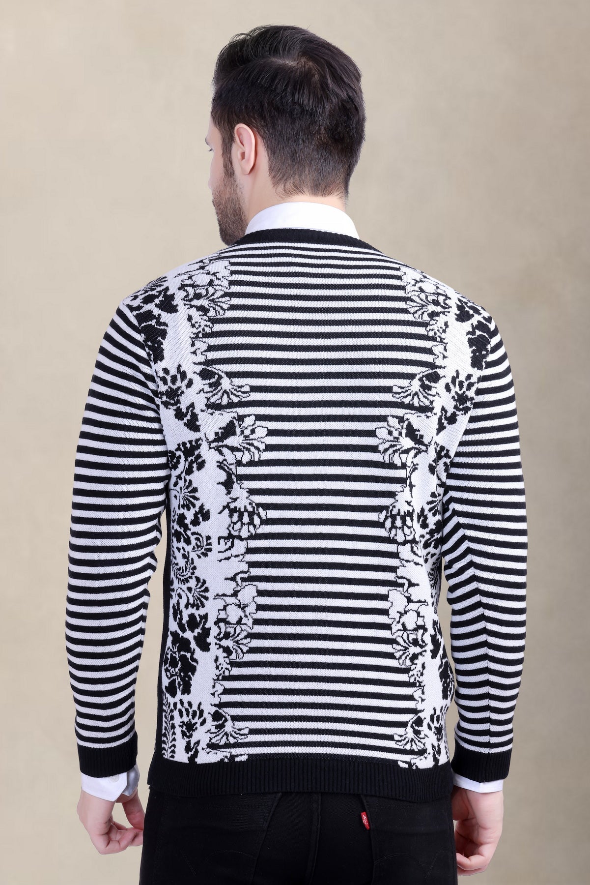 Men’s Black & White Floral Striped Woolen Sweater