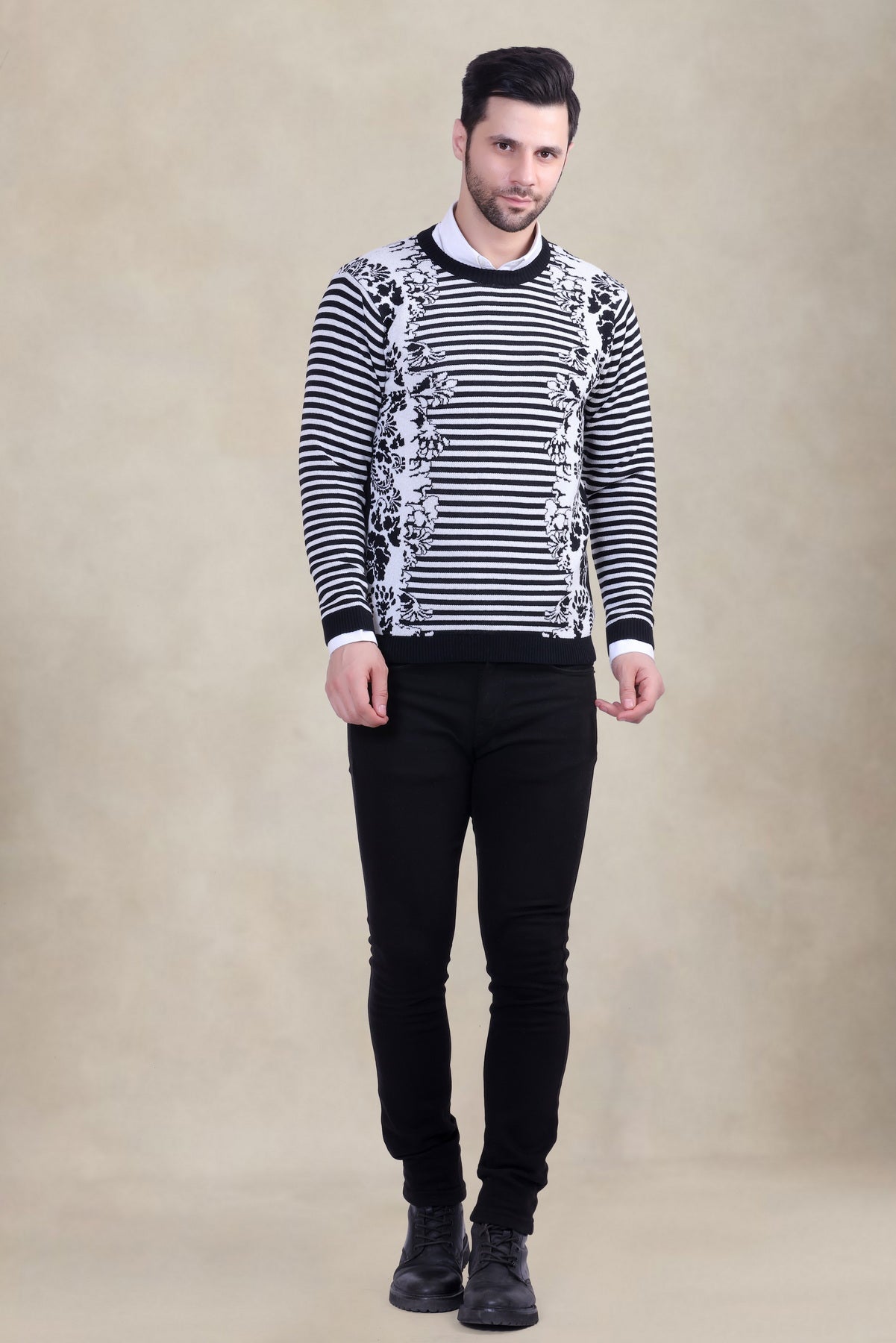 Men’s Black & White Floral Striped Woolen Sweater