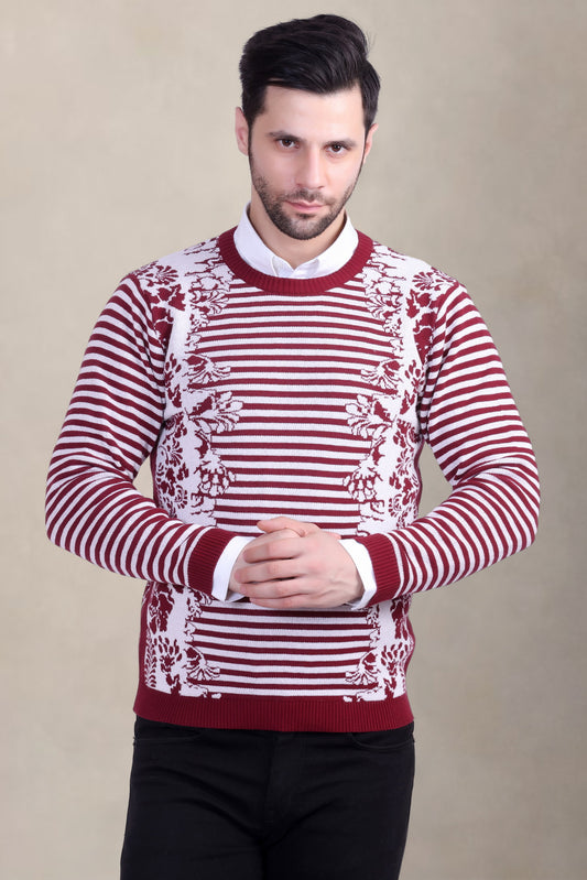 Men’s Red & White Floral Striped Woolen Sweater