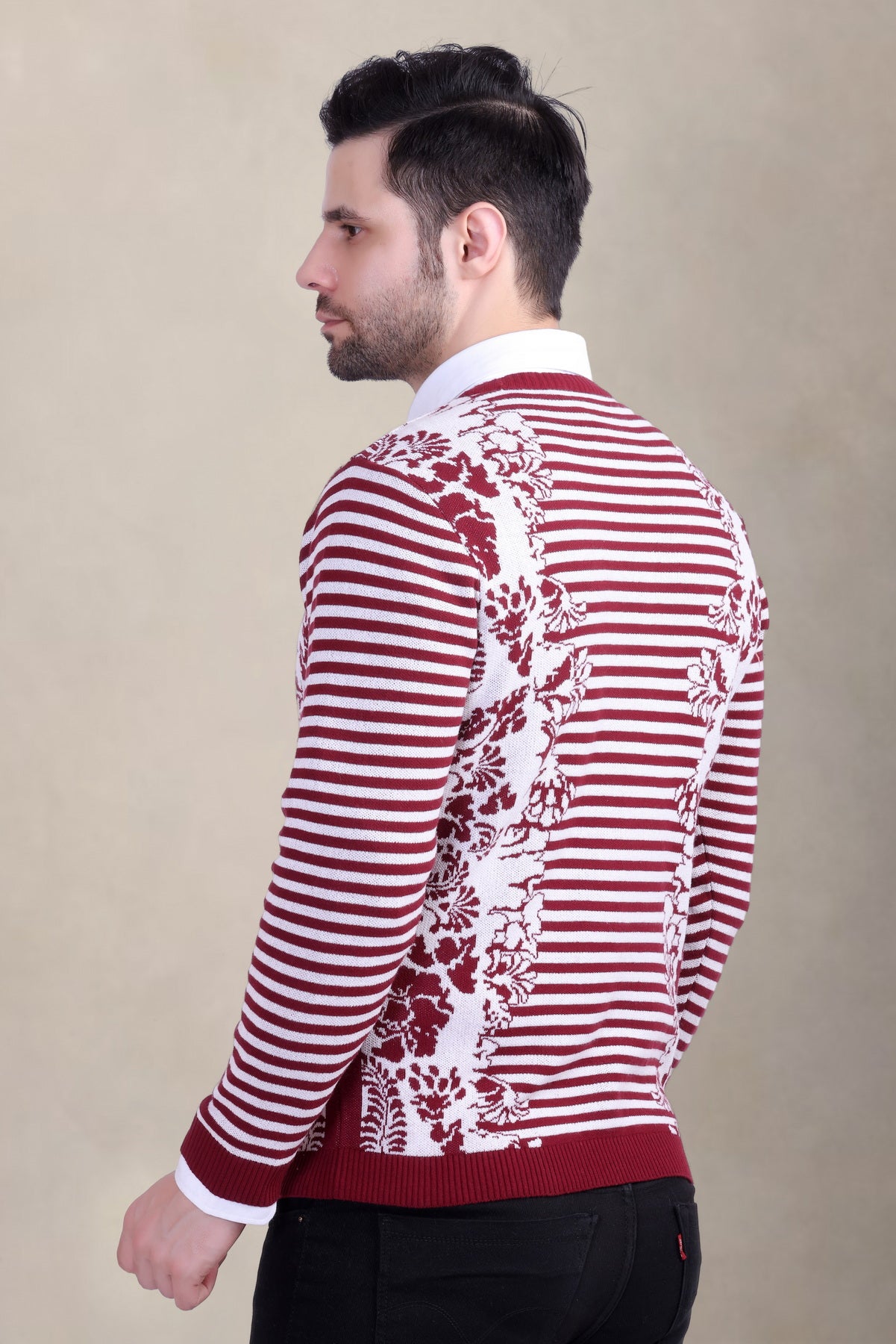 Men’s Red & White Floral Striped Woolen Sweater