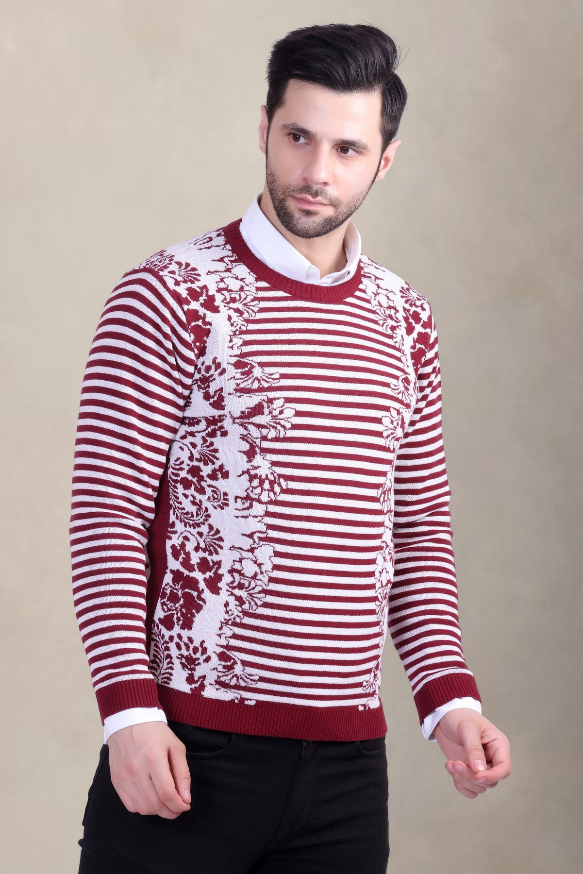 Men’s Red & White Floral Striped Woolen Sweater