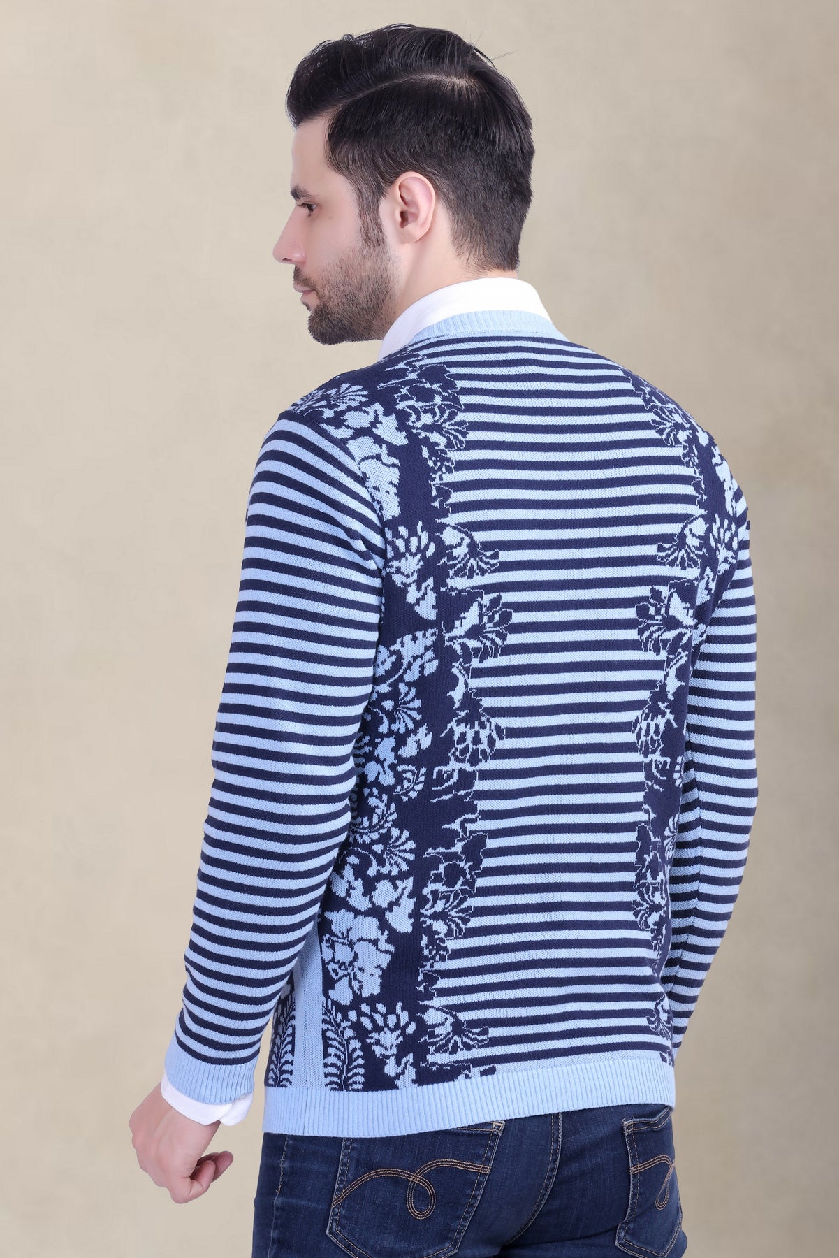 Men’s Sky & White Floral Striped Woolen Sweater