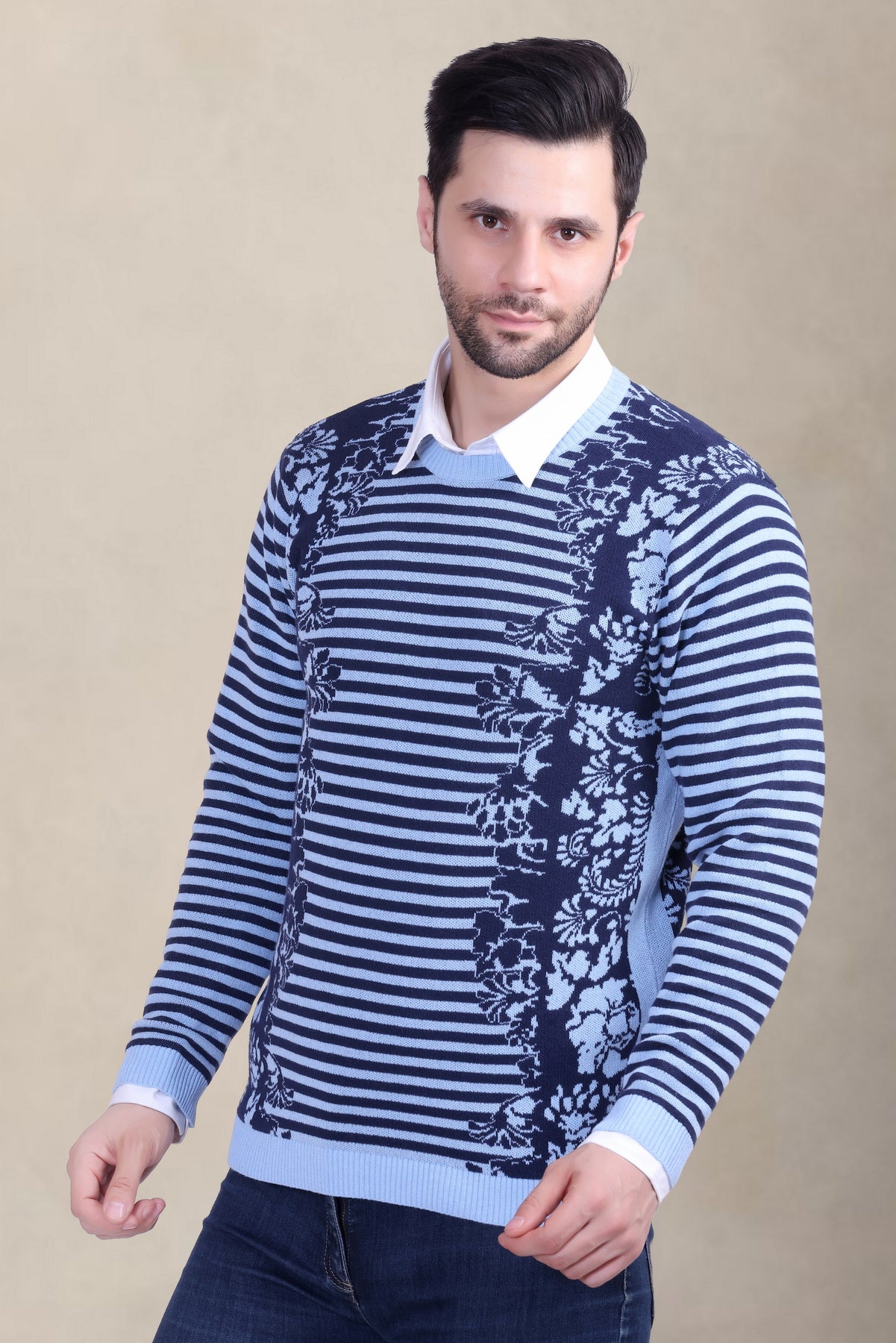 Men’s Sky & White Floral Striped Woolen Sweater