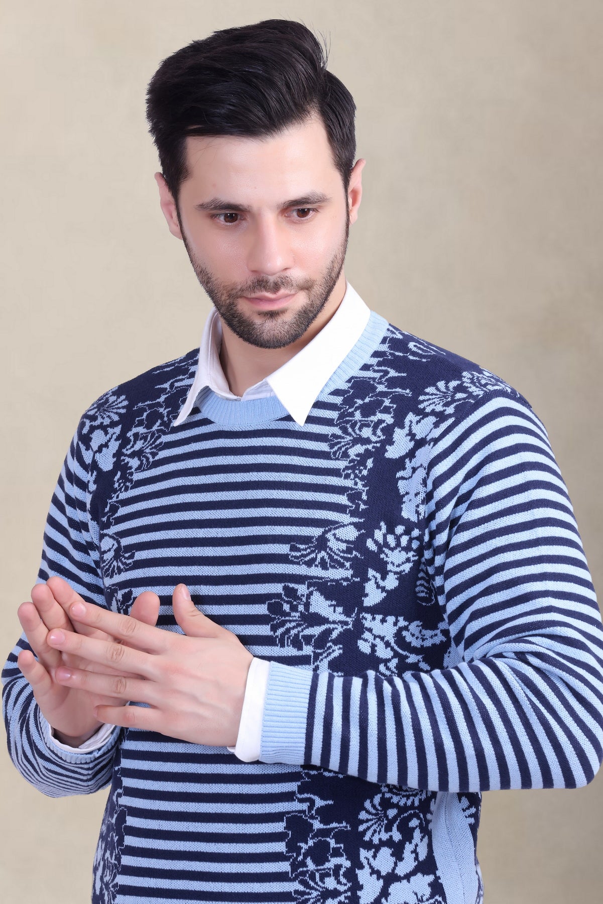 Men’s Sky & White Floral Striped Woolen Sweater