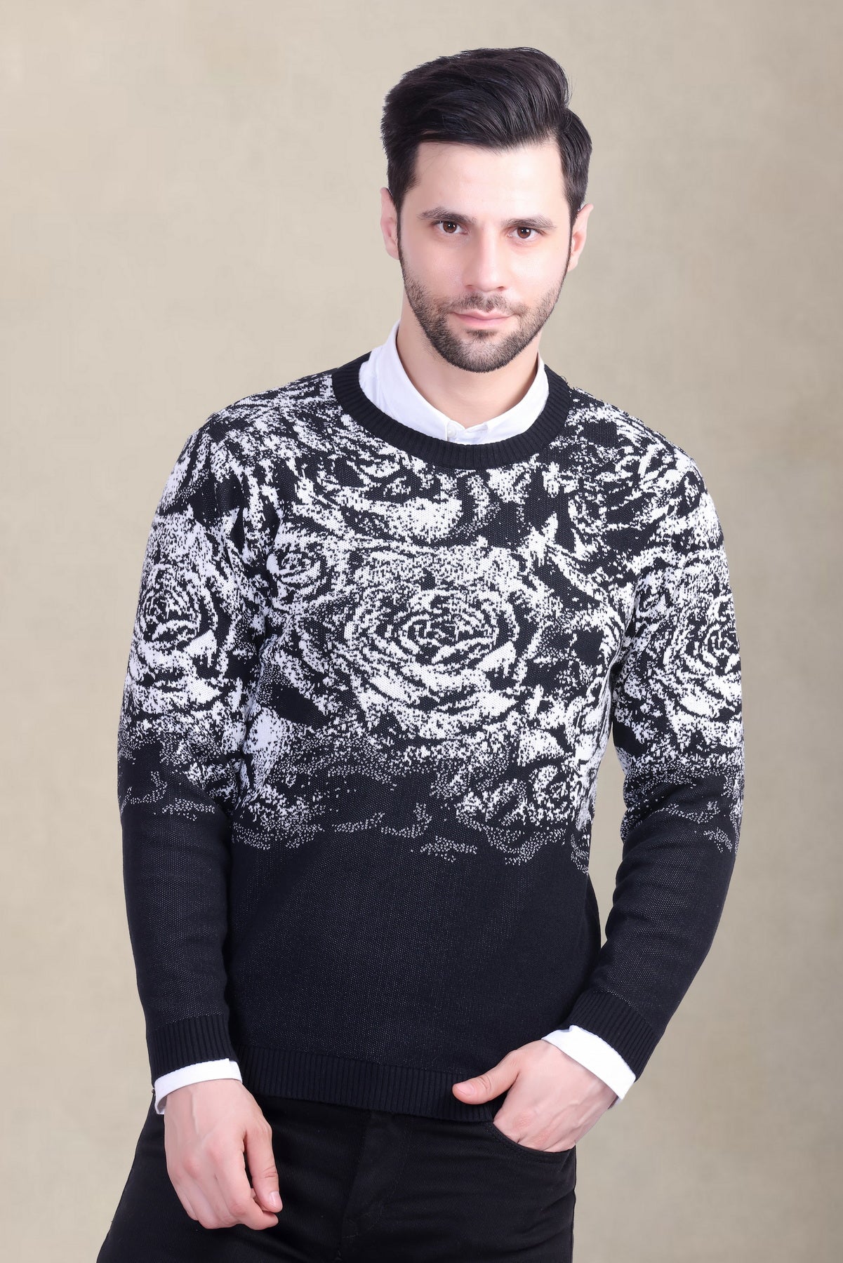 Black & White Rose Jacquard Men’s Sweater