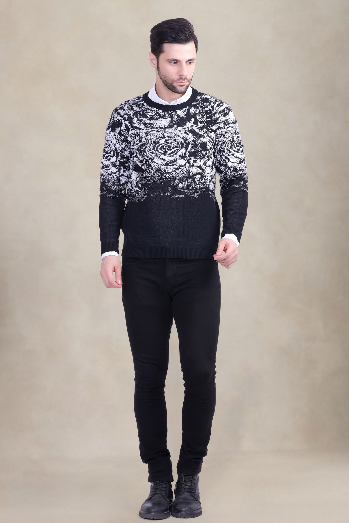 Black & White Rose Jacquard Men’s Sweater