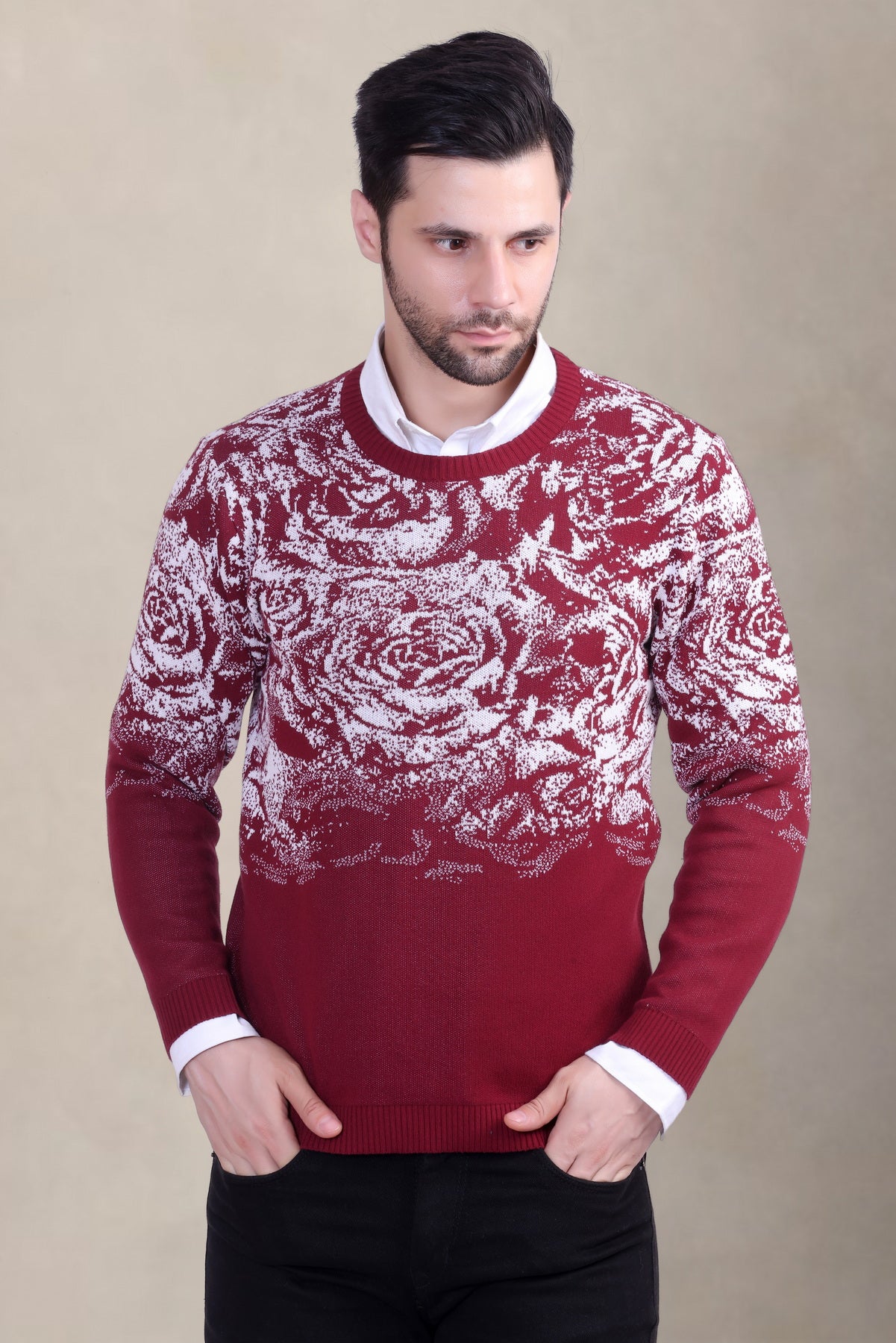 Red & White Rose Jacquard Men’s Sweater