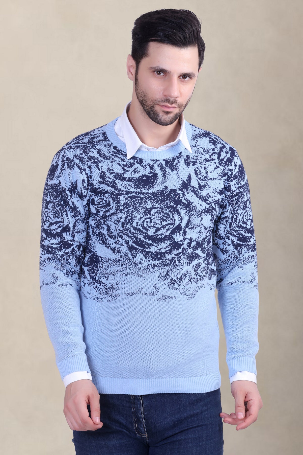 Sky & White Rose Jacquard Men’s Sweater