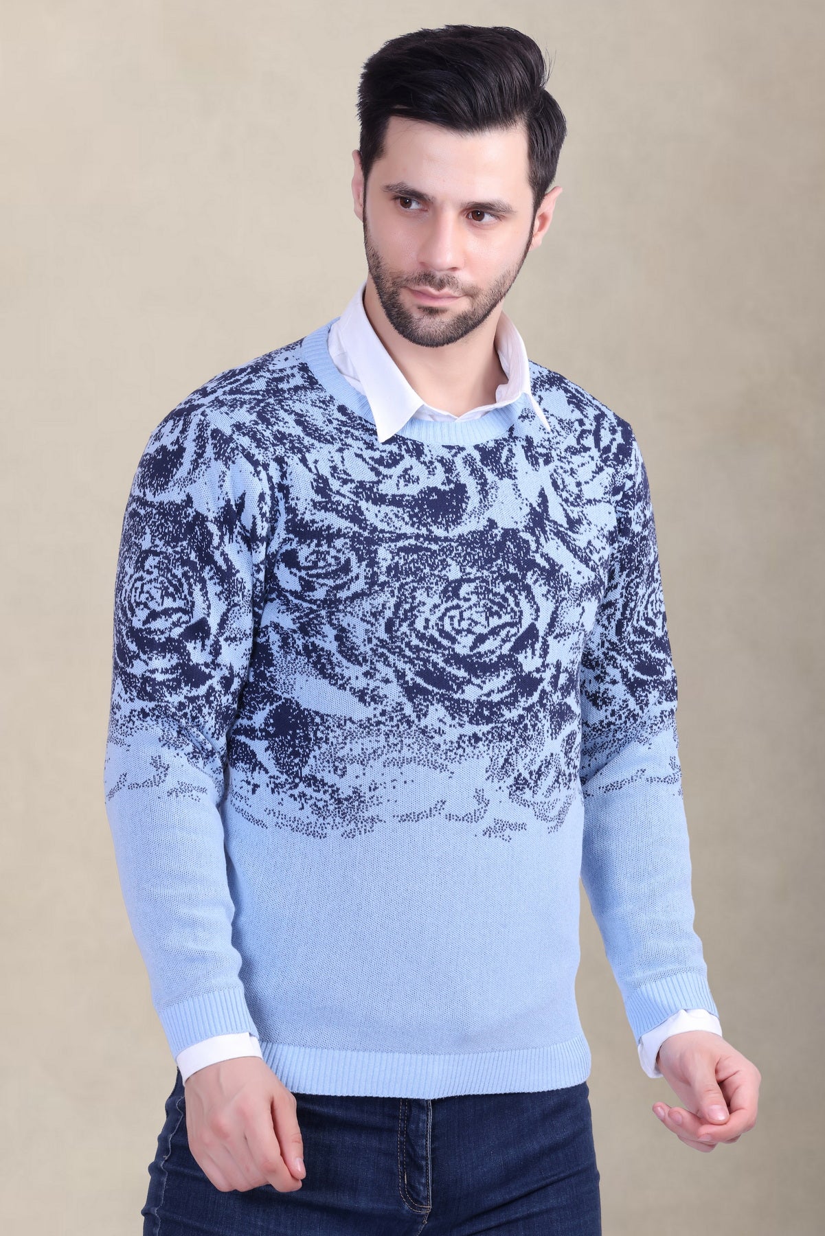 Sky & White Rose Jacquard Men’s Sweater