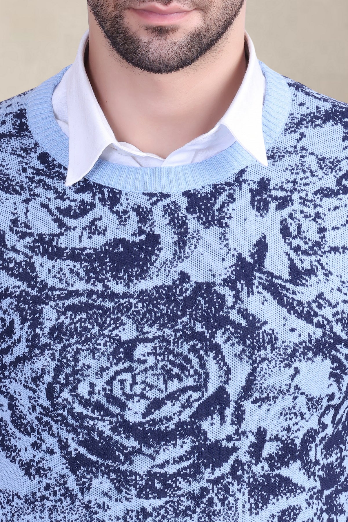 Sky & White Rose Jacquard Men’s Sweater