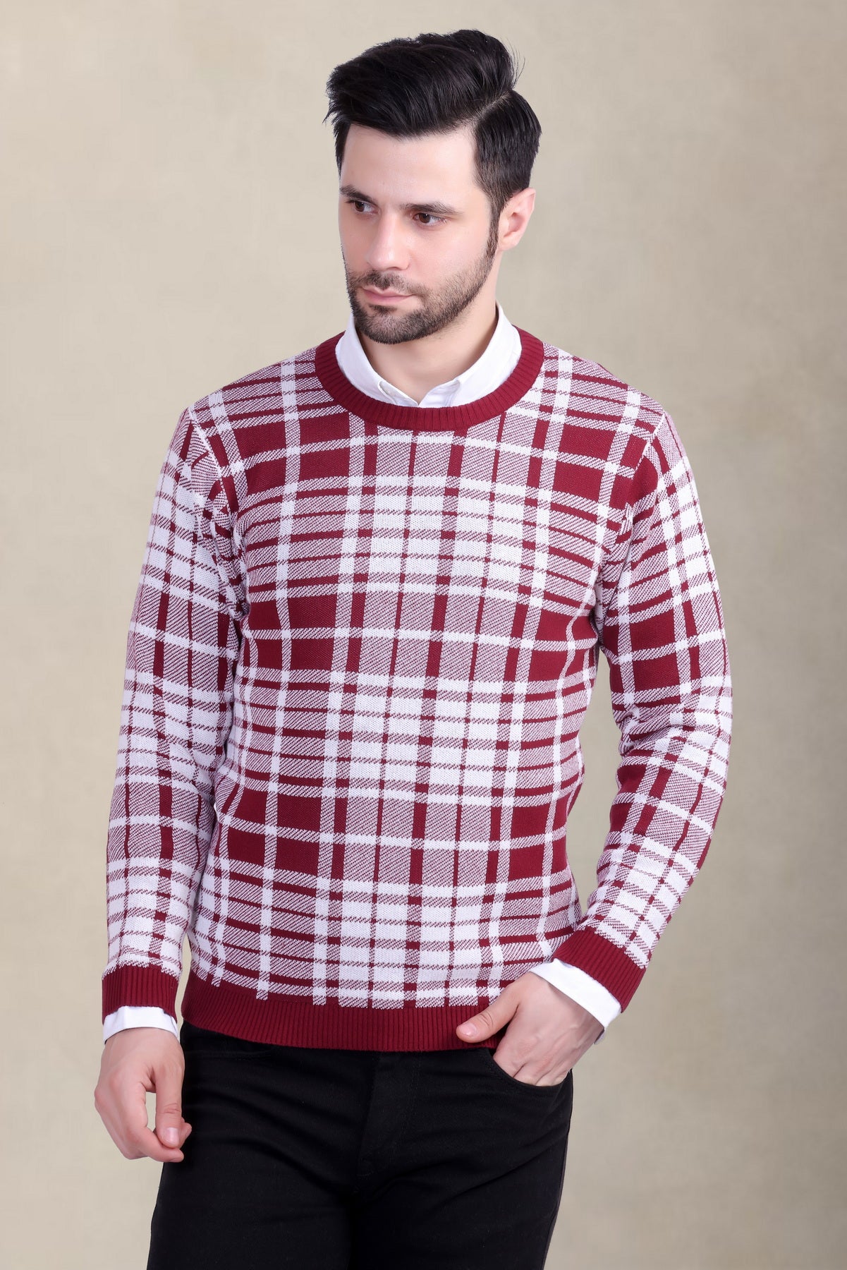 Red & White Checkered Jacquard Men’s Sweater