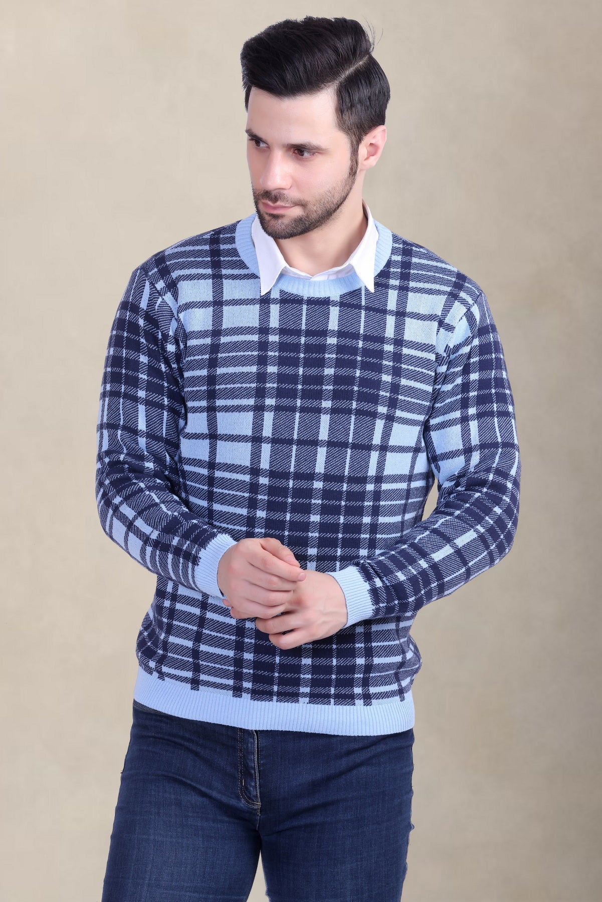 Sky & White Checkered Jacquard Men’s Sweater