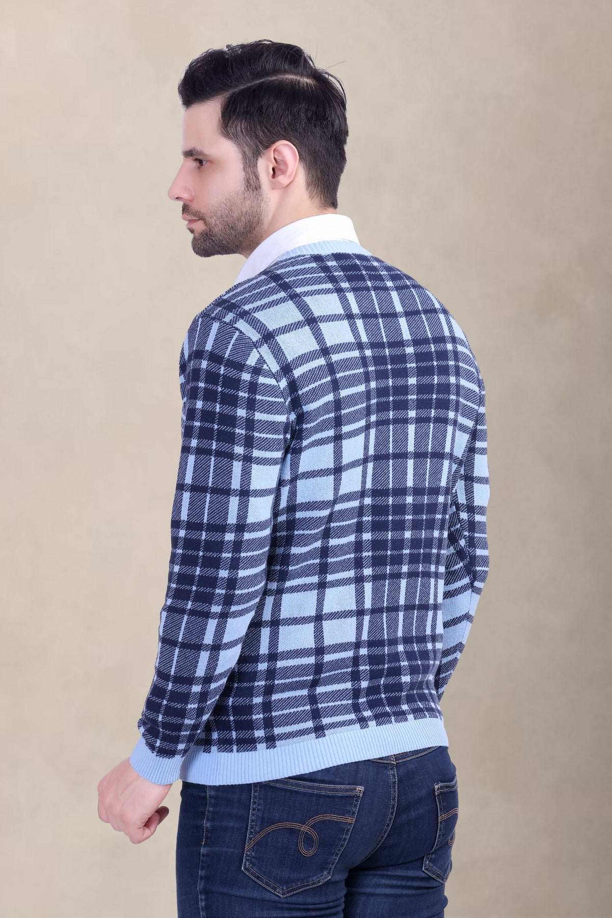 Sky & White Checkered Jacquard Men’s Sweater