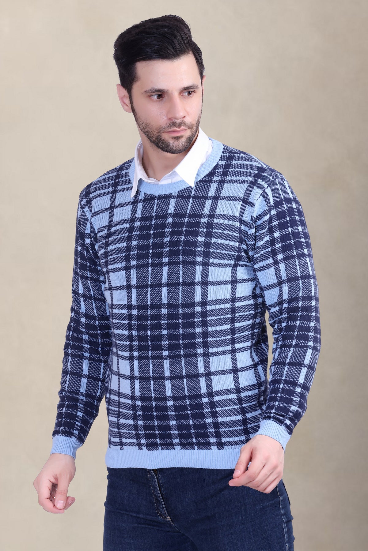 Sky & White Checkered Jacquard Men’s Sweater