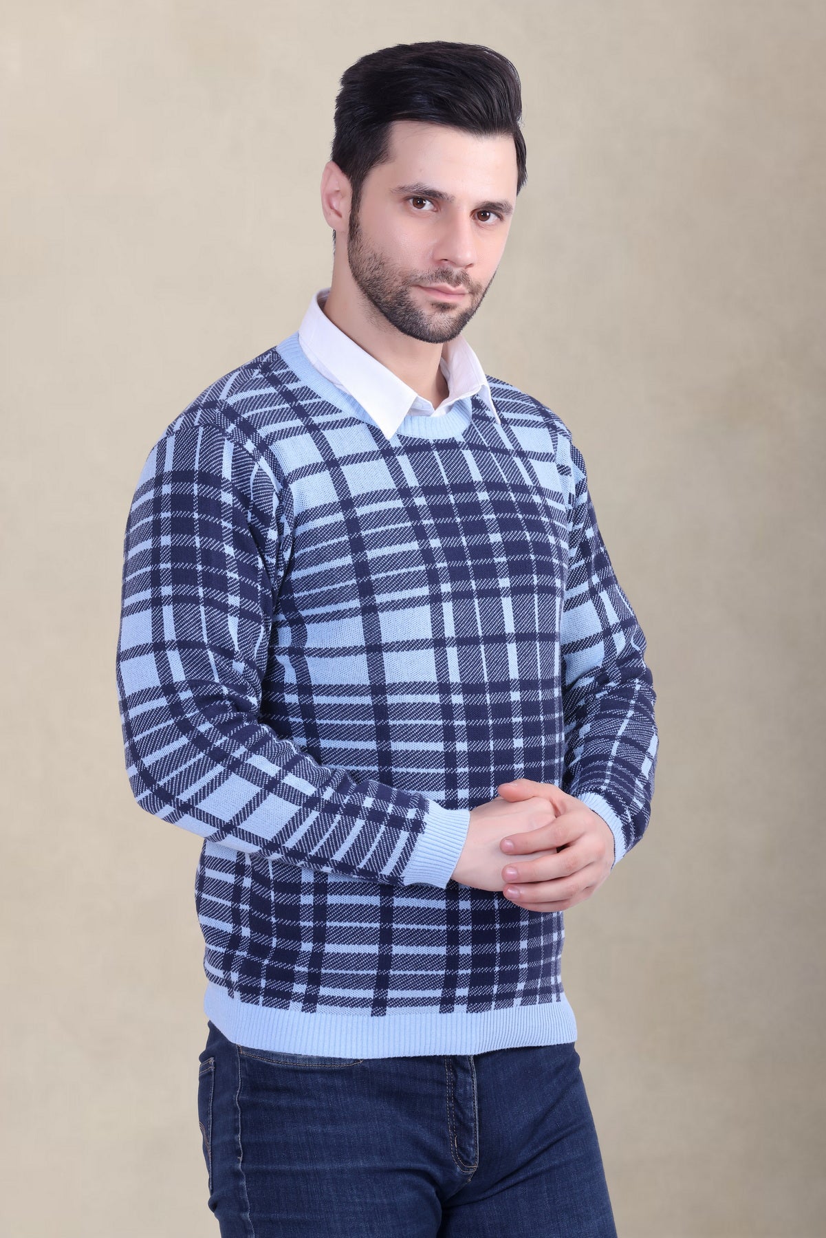 Sky & White Checkered Jacquard Men’s Sweater