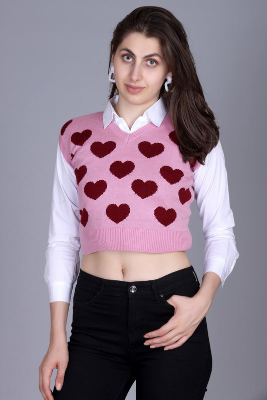 Women’s Pink Heart Pattern Knit Crop Sweater