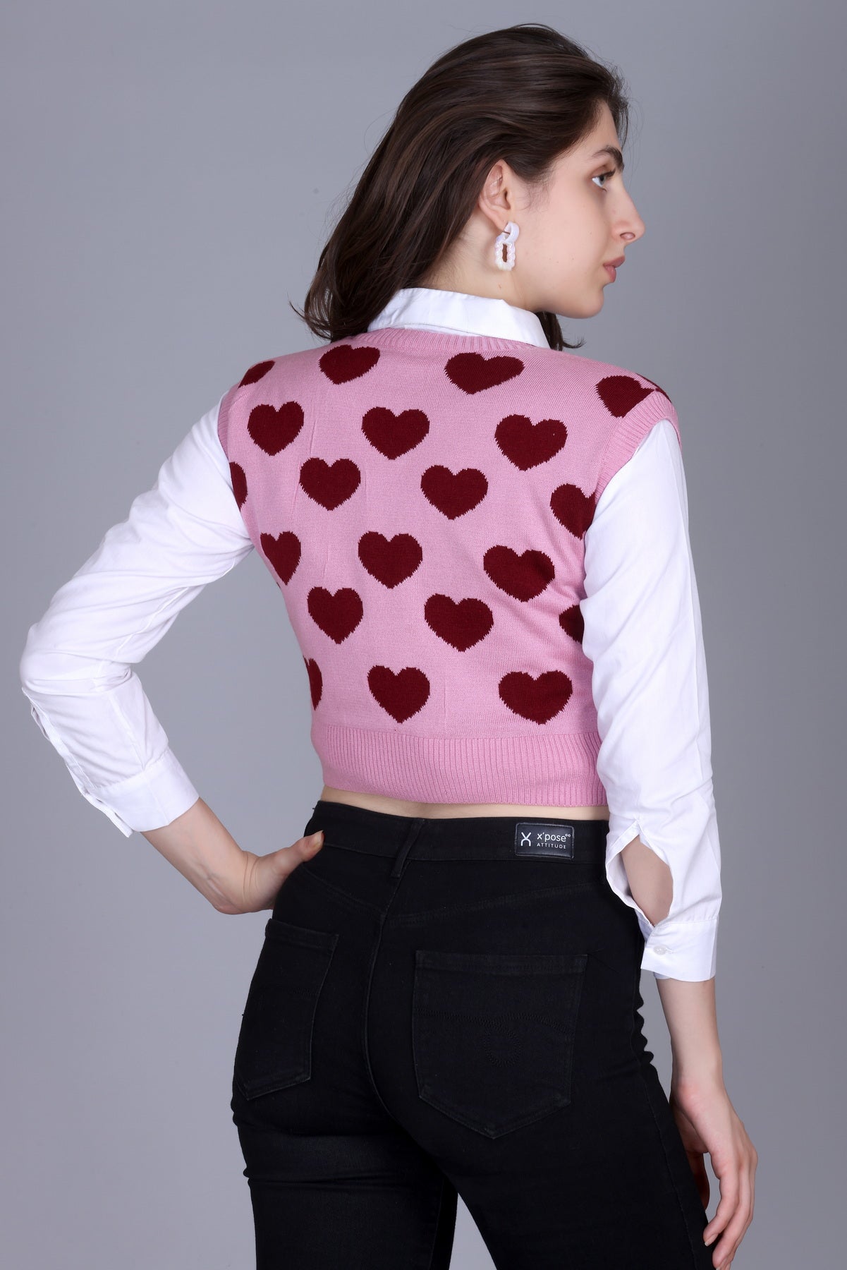 Women’s Pink Heart Pattern Knit Crop Sweater