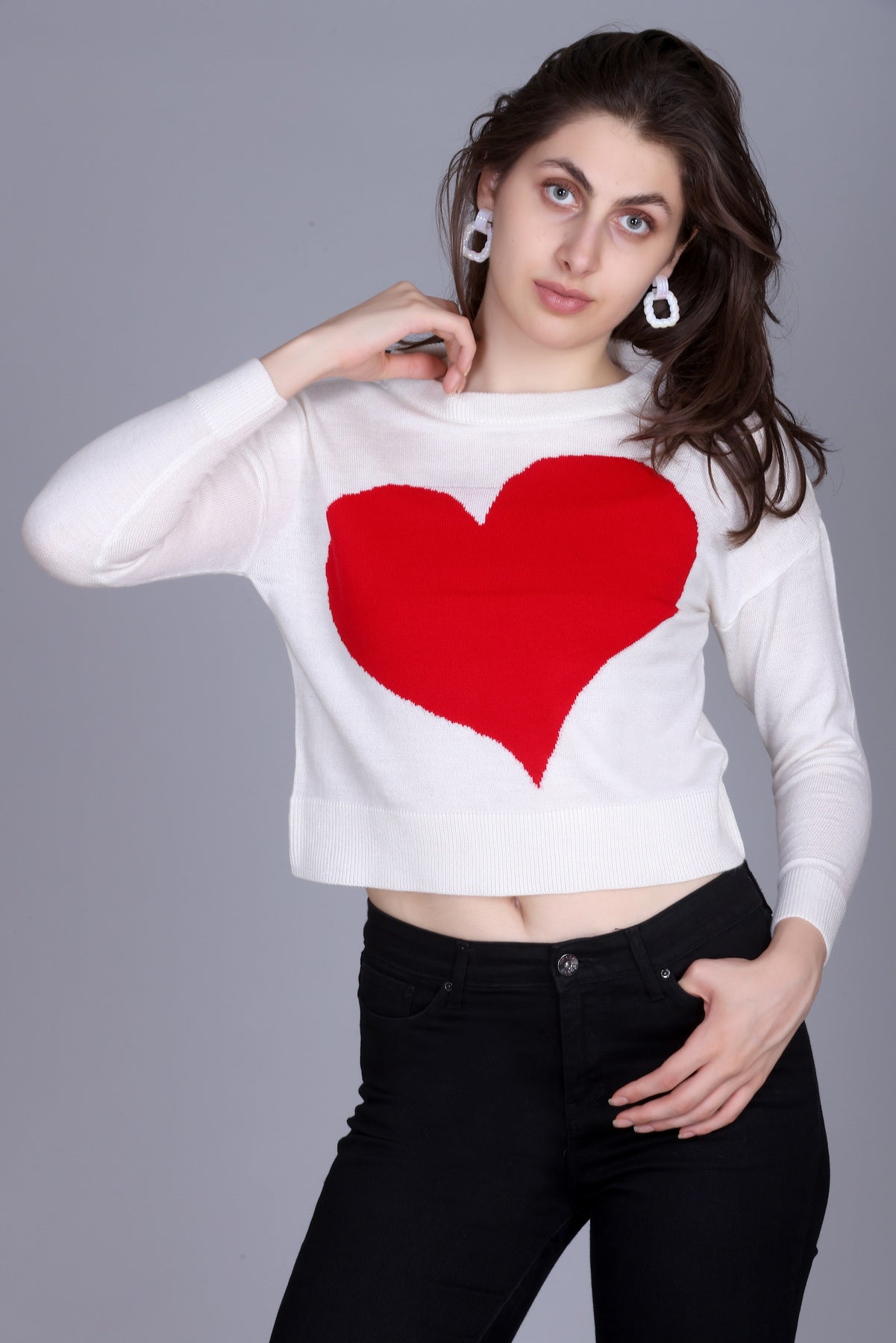 Women’s White Knit Crop Sweater with Red Heart
