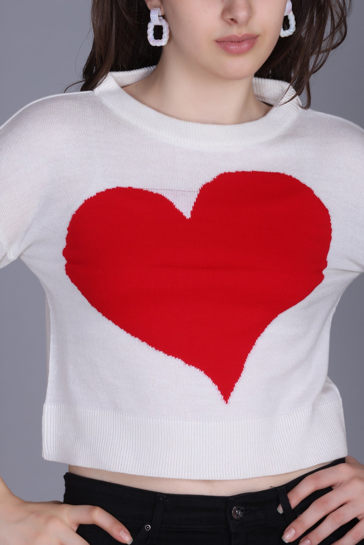 Women’s White Knit Crop Sweater with Red Heart