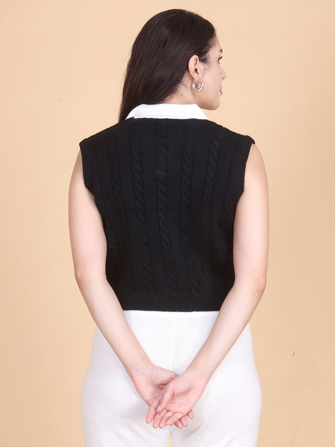 women’s black sleeveless cable knit crop sweater